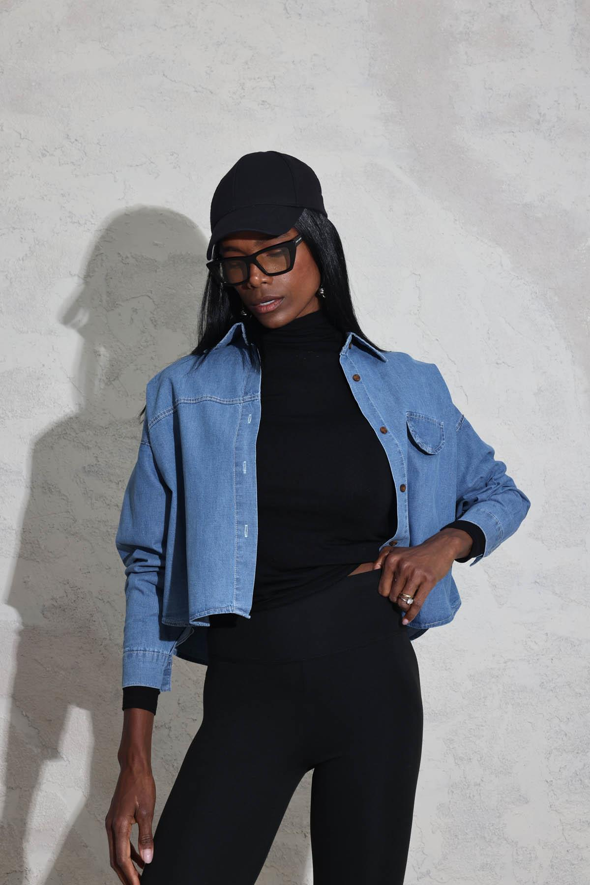 Mavi Süs Cepli Oversize Denim Gömlek 91642