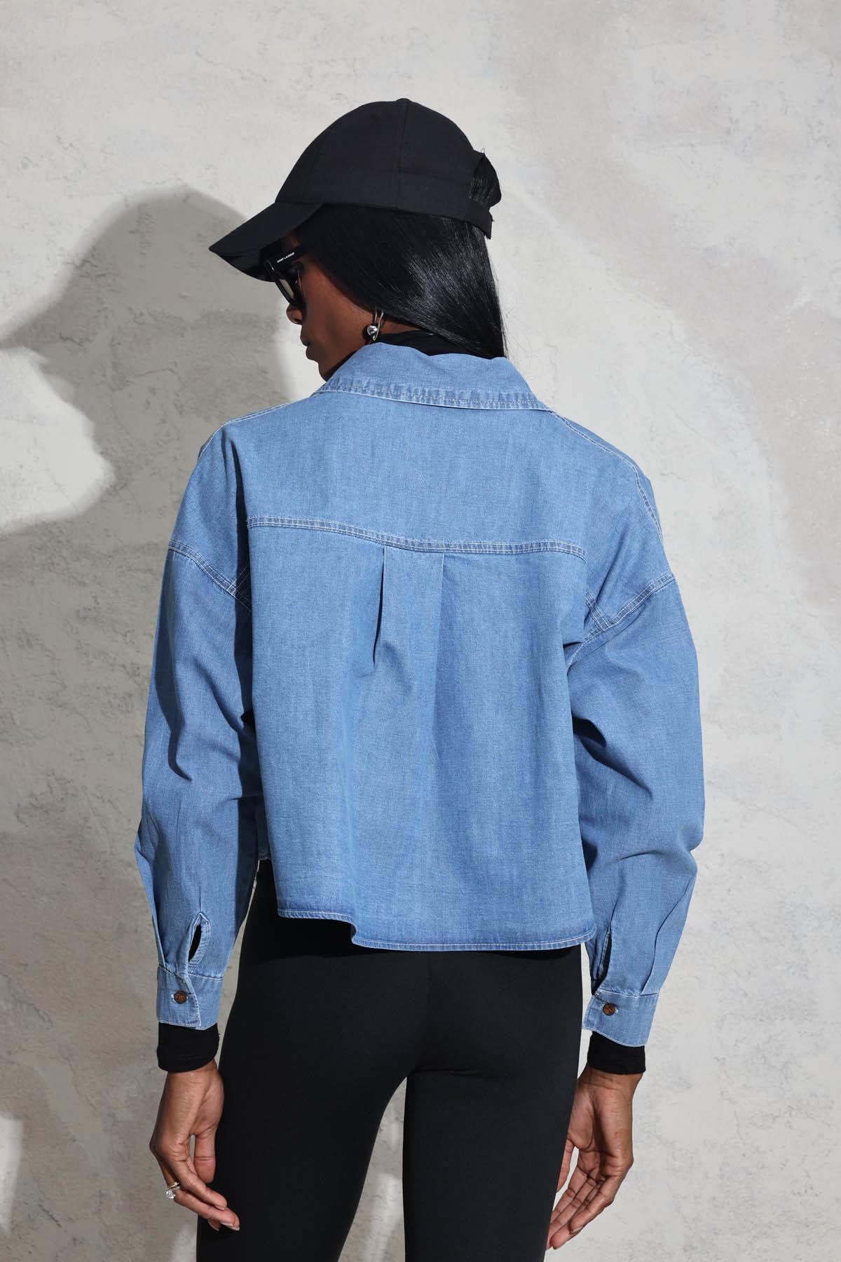 Mavi Süs Cepli Oversize Denim Gömlek 91642