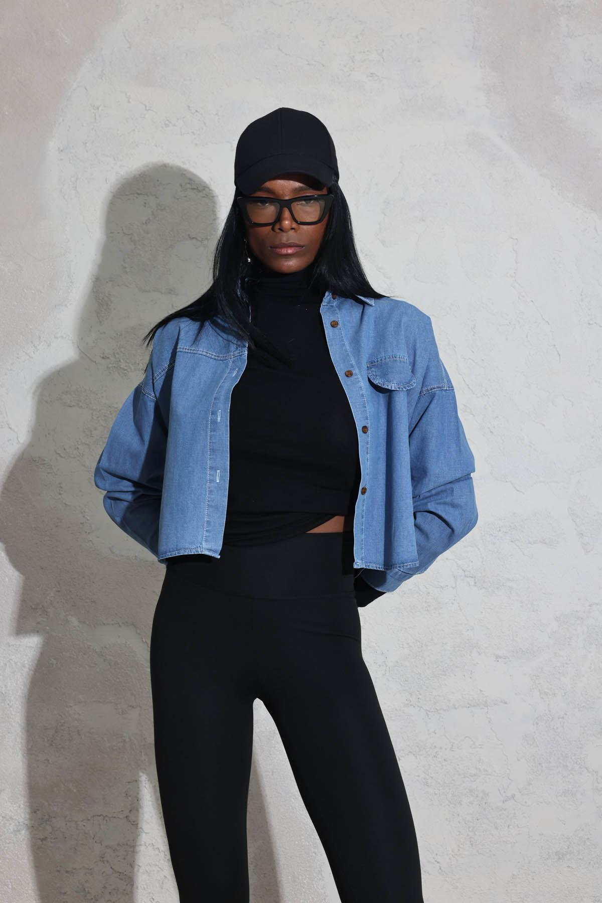 Mavi Süs Cepli Oversize Denim Gömlek 91642