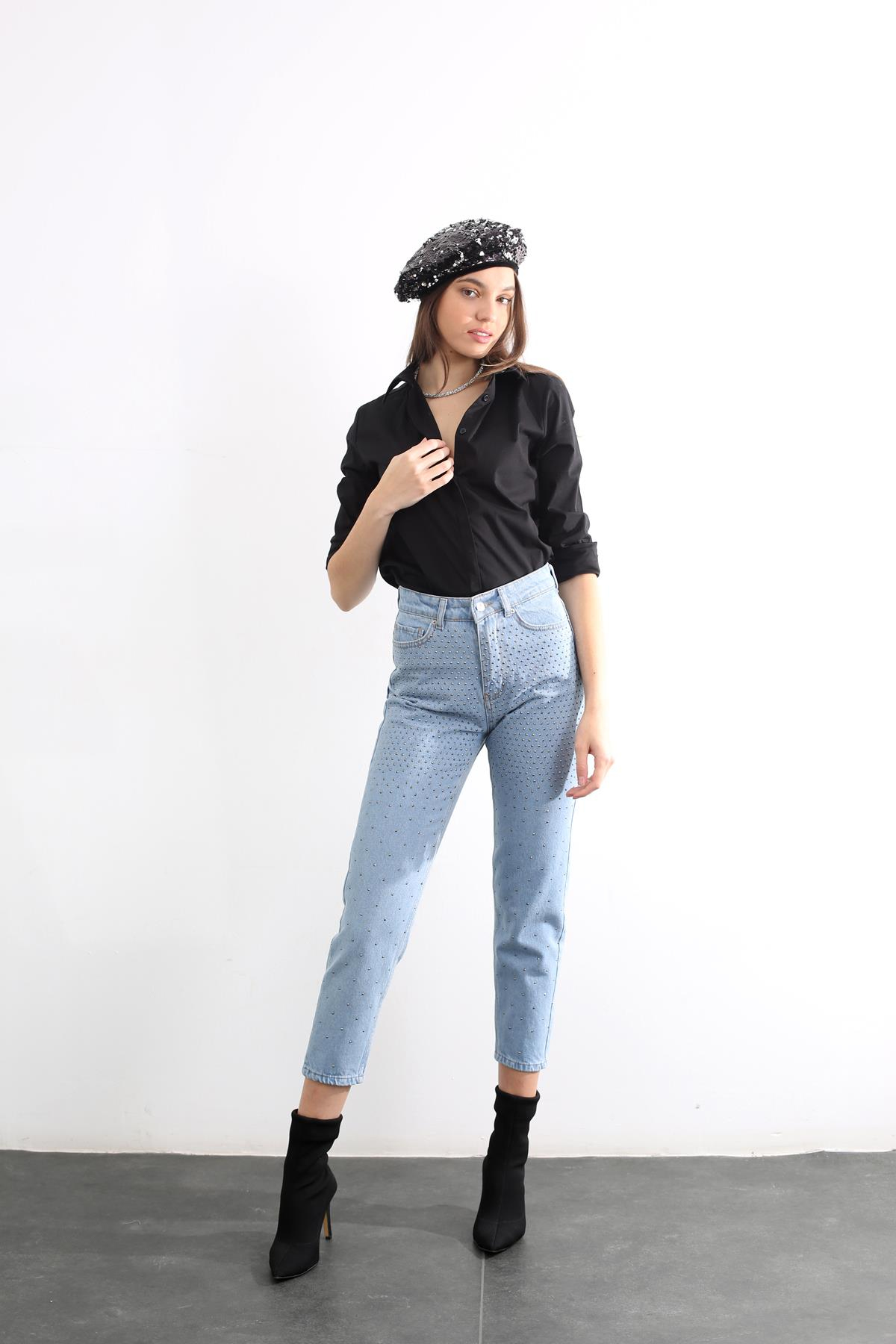 Mavi Ultra Yüksek Bel Taşlı Jean 1084-ZR