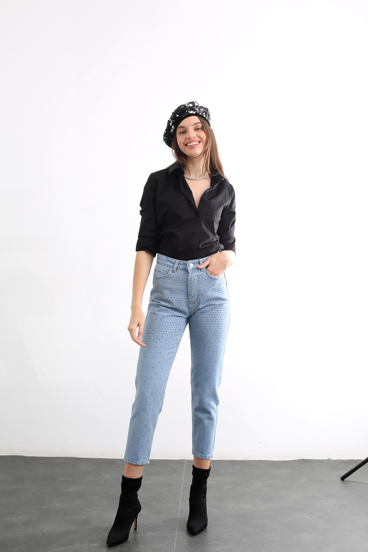 Mavi Ultra Yüksek Bel Taşlı Jean 1084-ZR