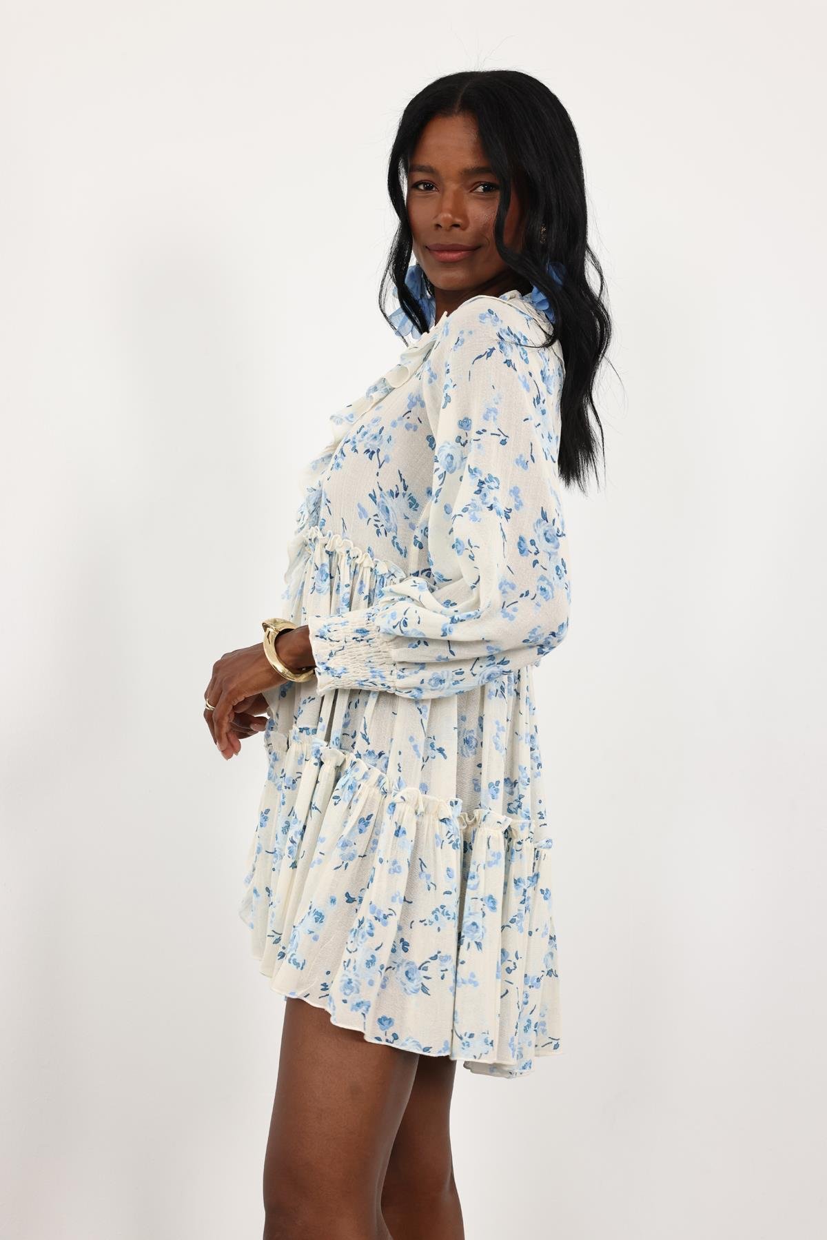 Mavi V Yaka Önü Fırfırlı Elbise 