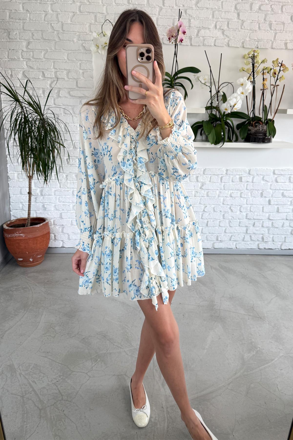 Mavi V Yaka Önü Fırfırlı Elbise 