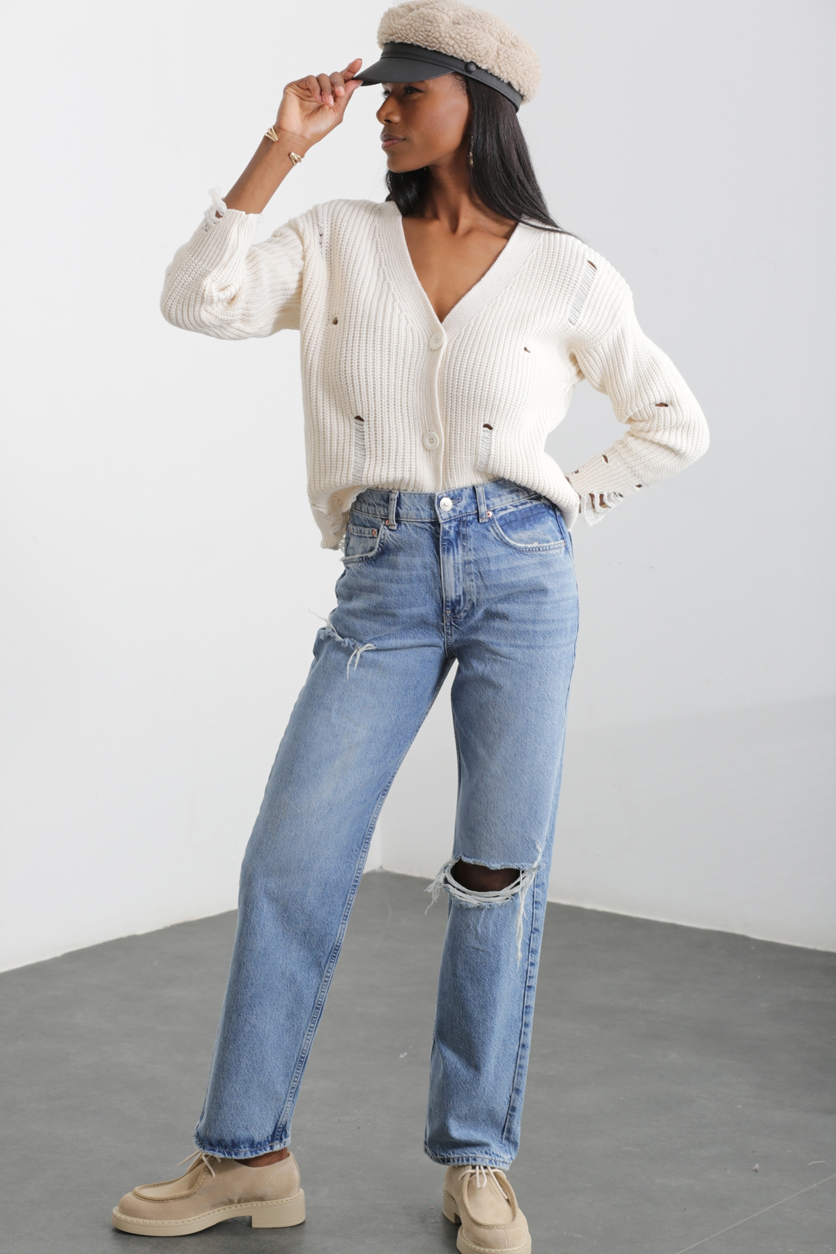 Mavi Yırtık Detay Wide Leg Jean 40