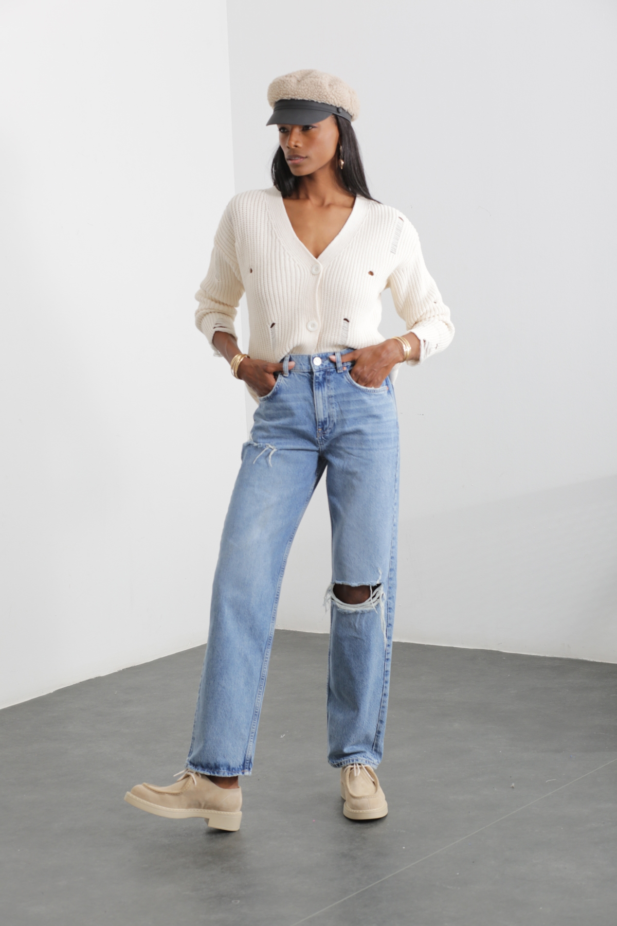 Mavi Yırtık Detay Wide Leg Jean 40
