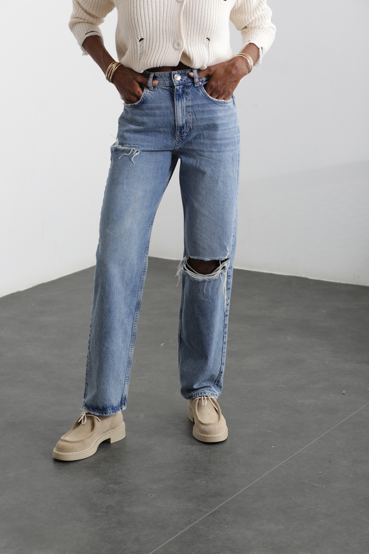 Mavi Yırtık Detay Wide Leg Jean 40