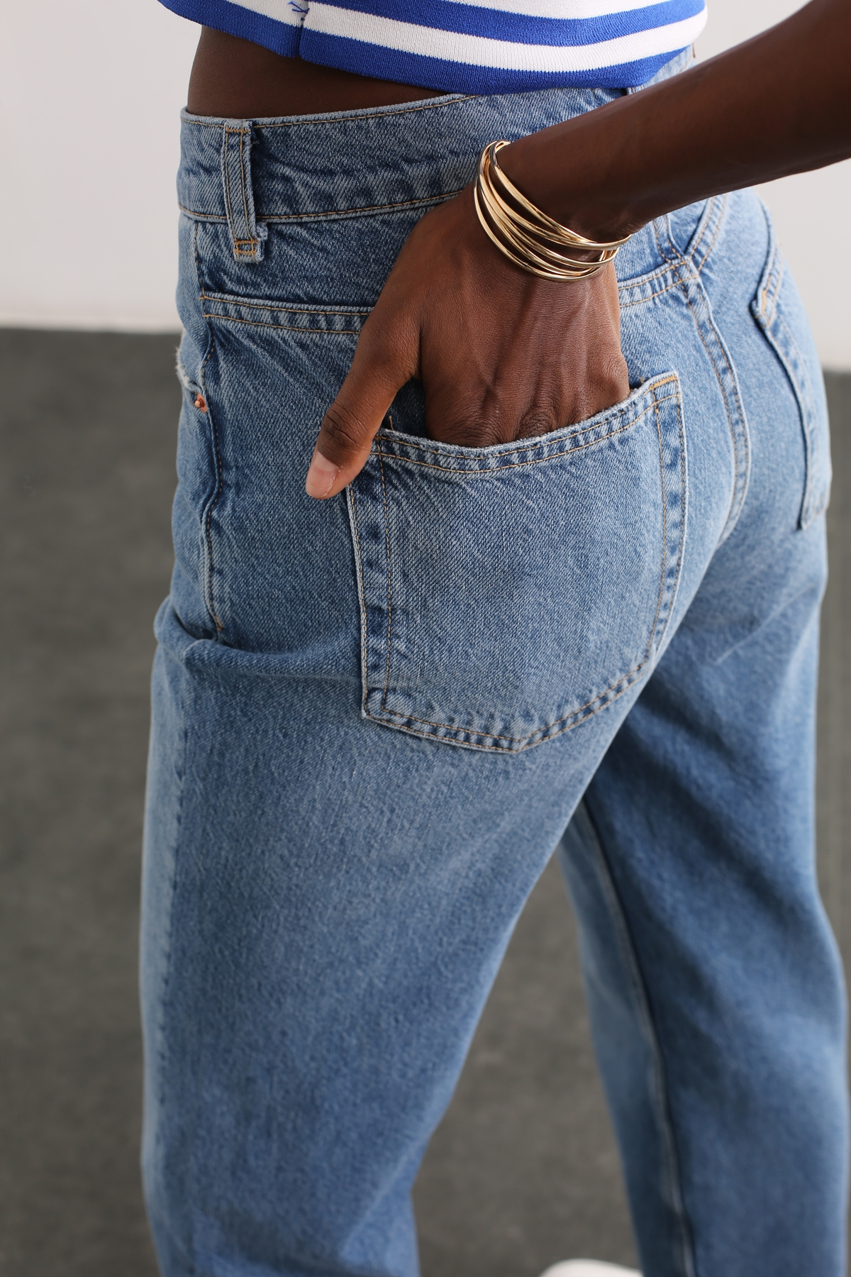 Mavi Yüksek Bel Baggy Jean 42
