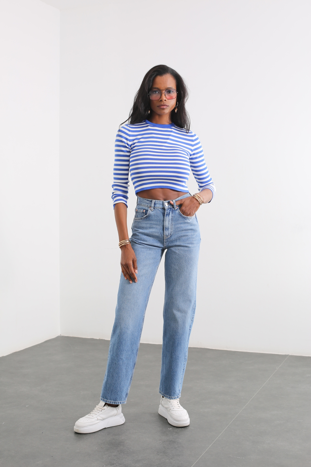 Mavi Yüksek Bel Baggy Jean 42