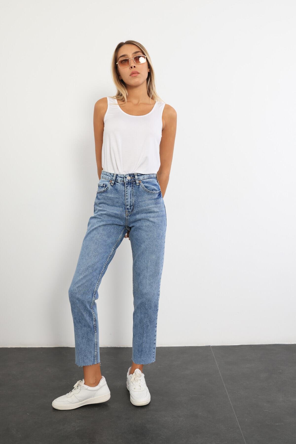 Mavi Yüksek Bel Cropped Jean 487