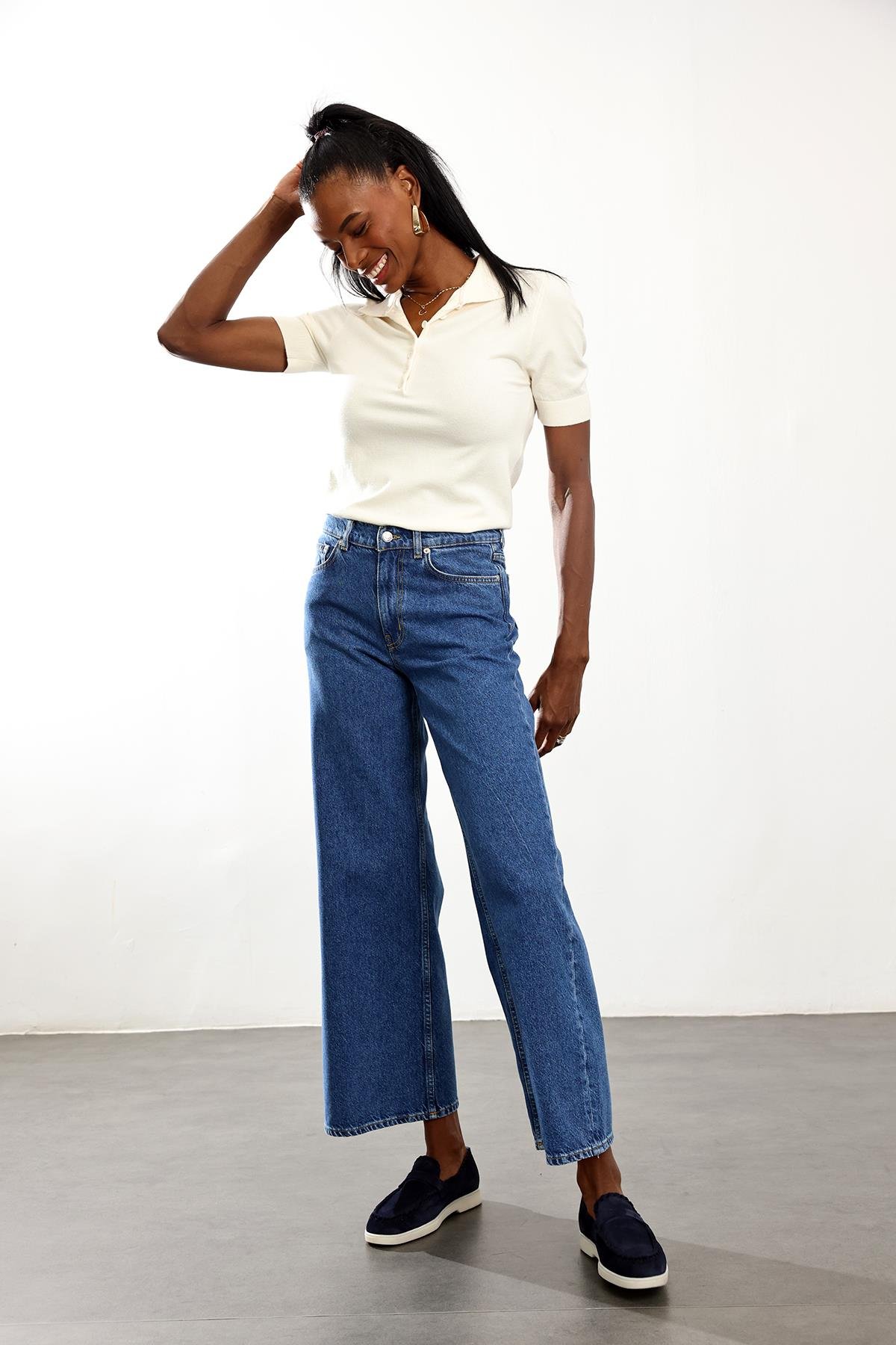 Mavi Yüksek Bel Lyocell Wide Leg Jean 