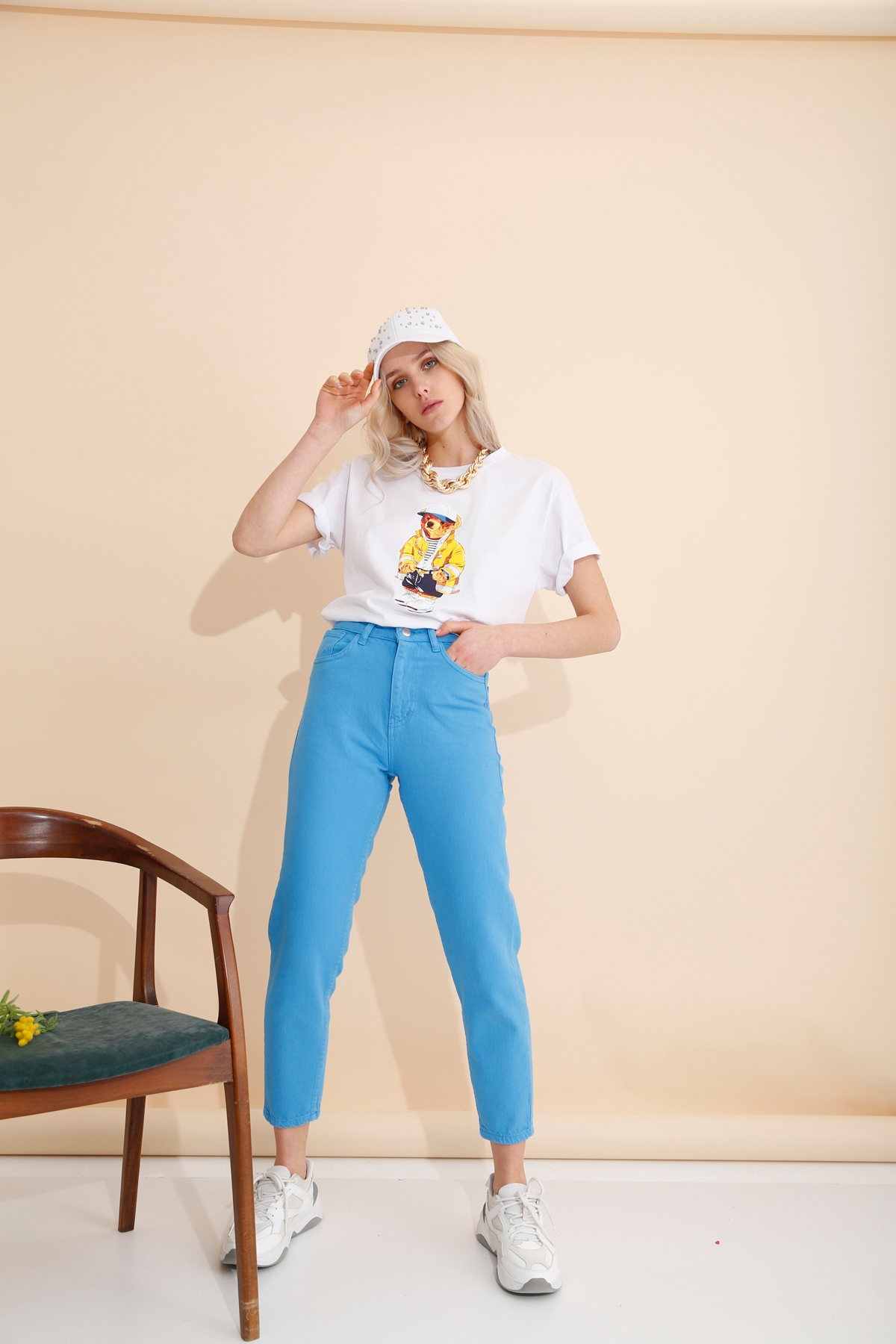 Mavi Yüksek Bel Mom Jean 8102