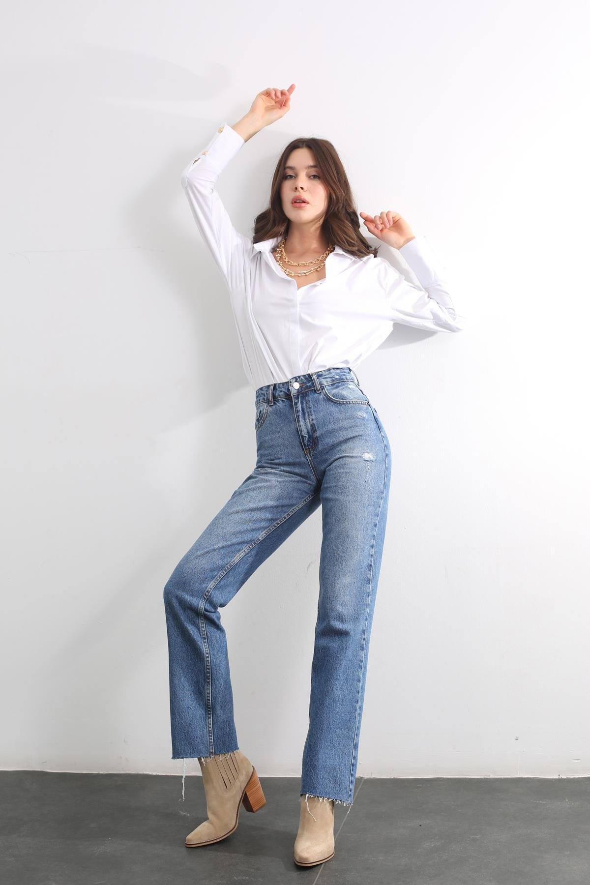 Mavi Yüksek Bel Straight Fit Jean 22466