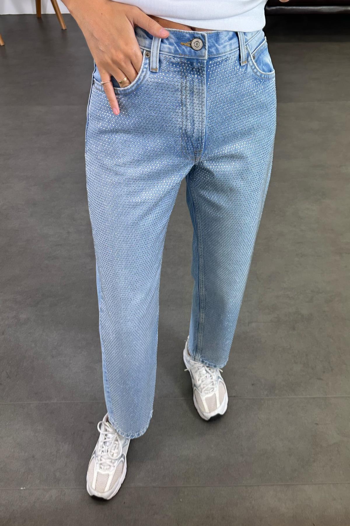 Mavi Yüksek Bel Taşlı Jean 