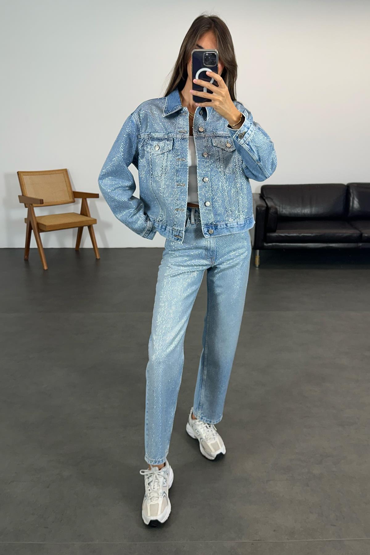 Mavi Yüksek Bel Taşlı Jean 