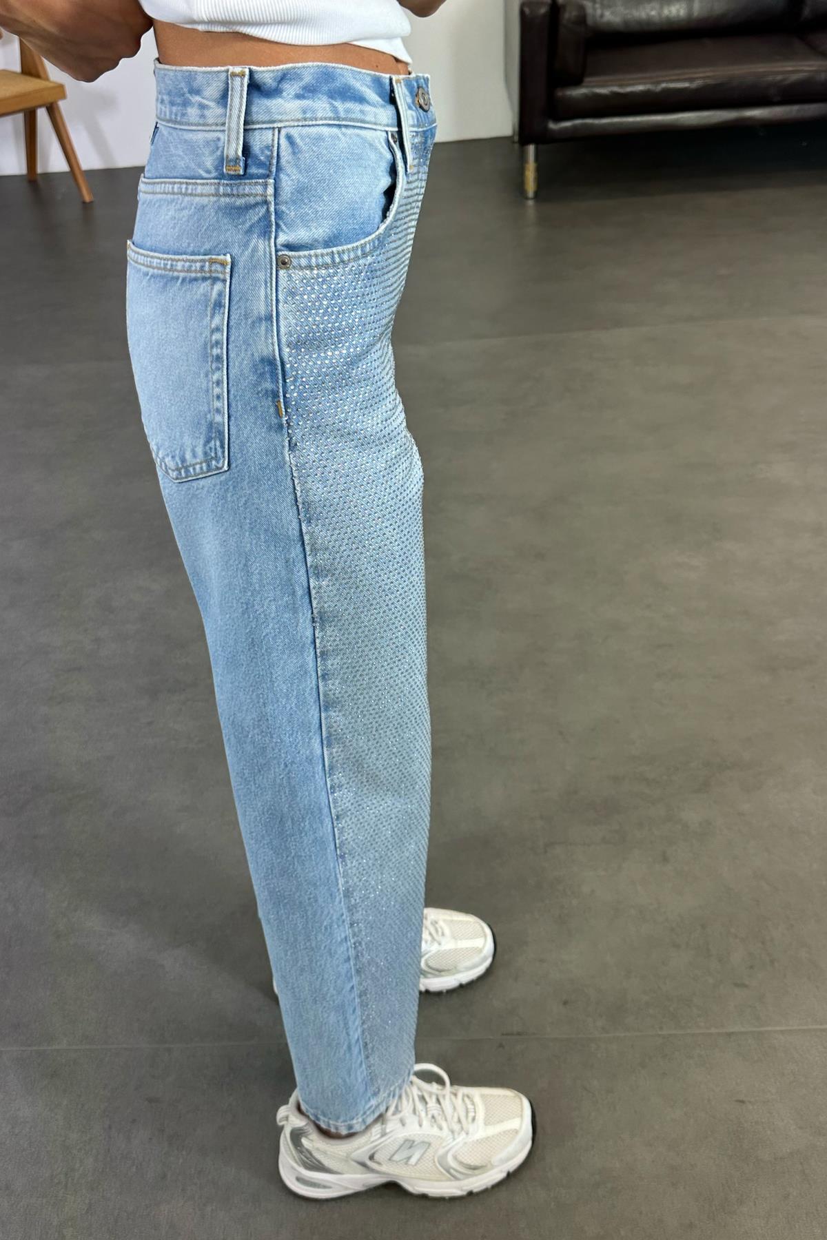 Mavi Yüksek Bel Taşlı Jean 