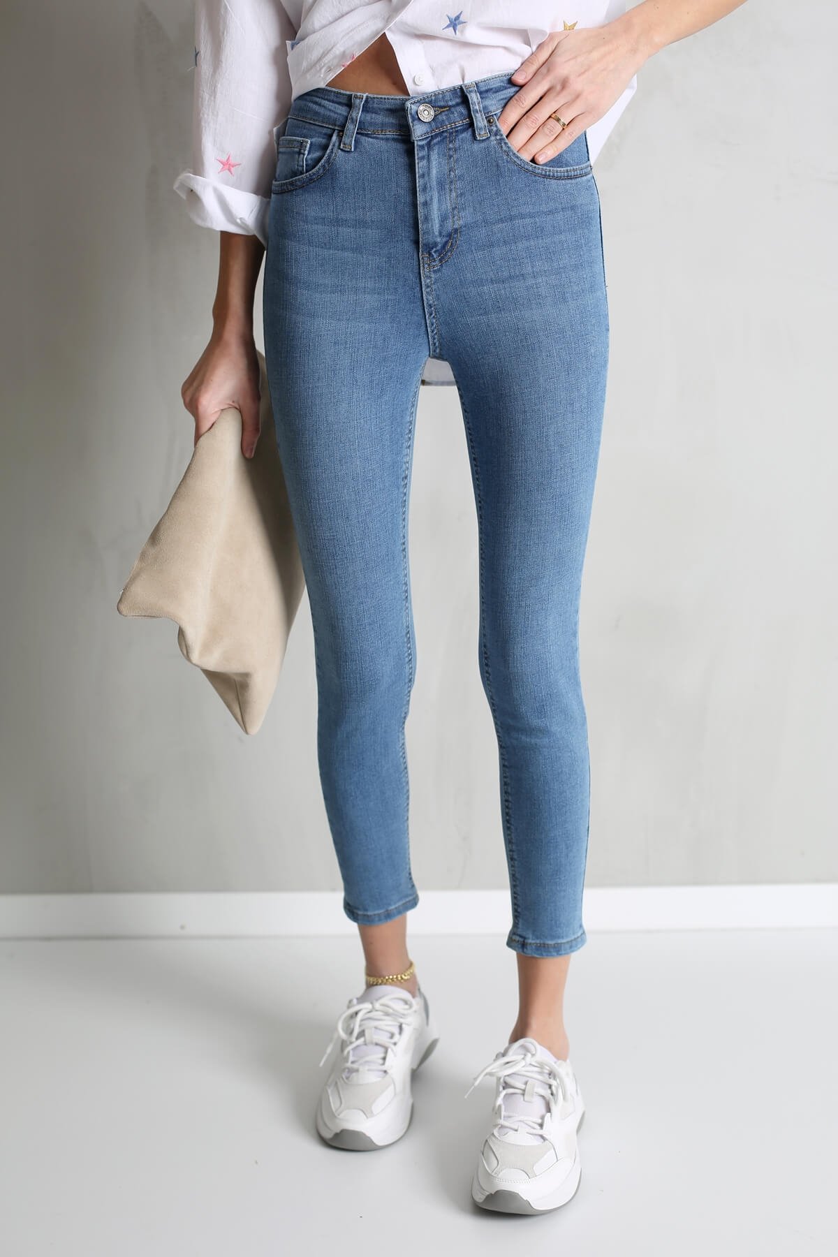 Mavi Yüksek Bel Toparlayan Slim Fit Jean 