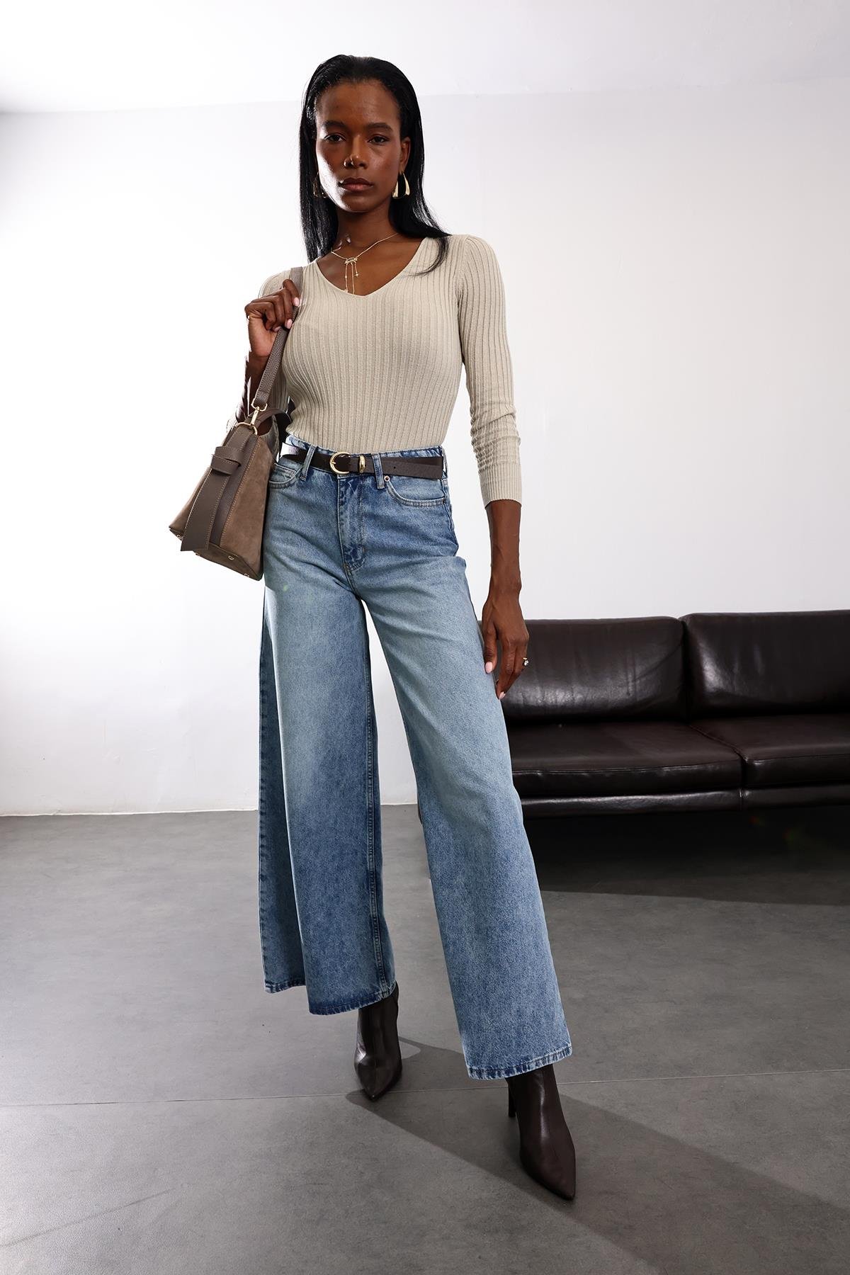 Mavi Yüksek Bel Wide Leg Jean 