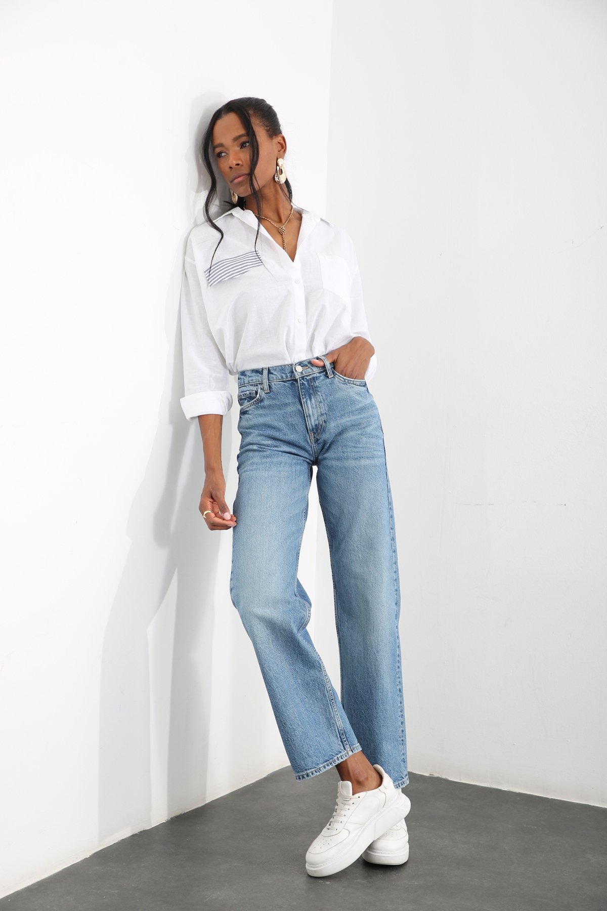 Mavi Yüksek Bel Wide Leg Jean 