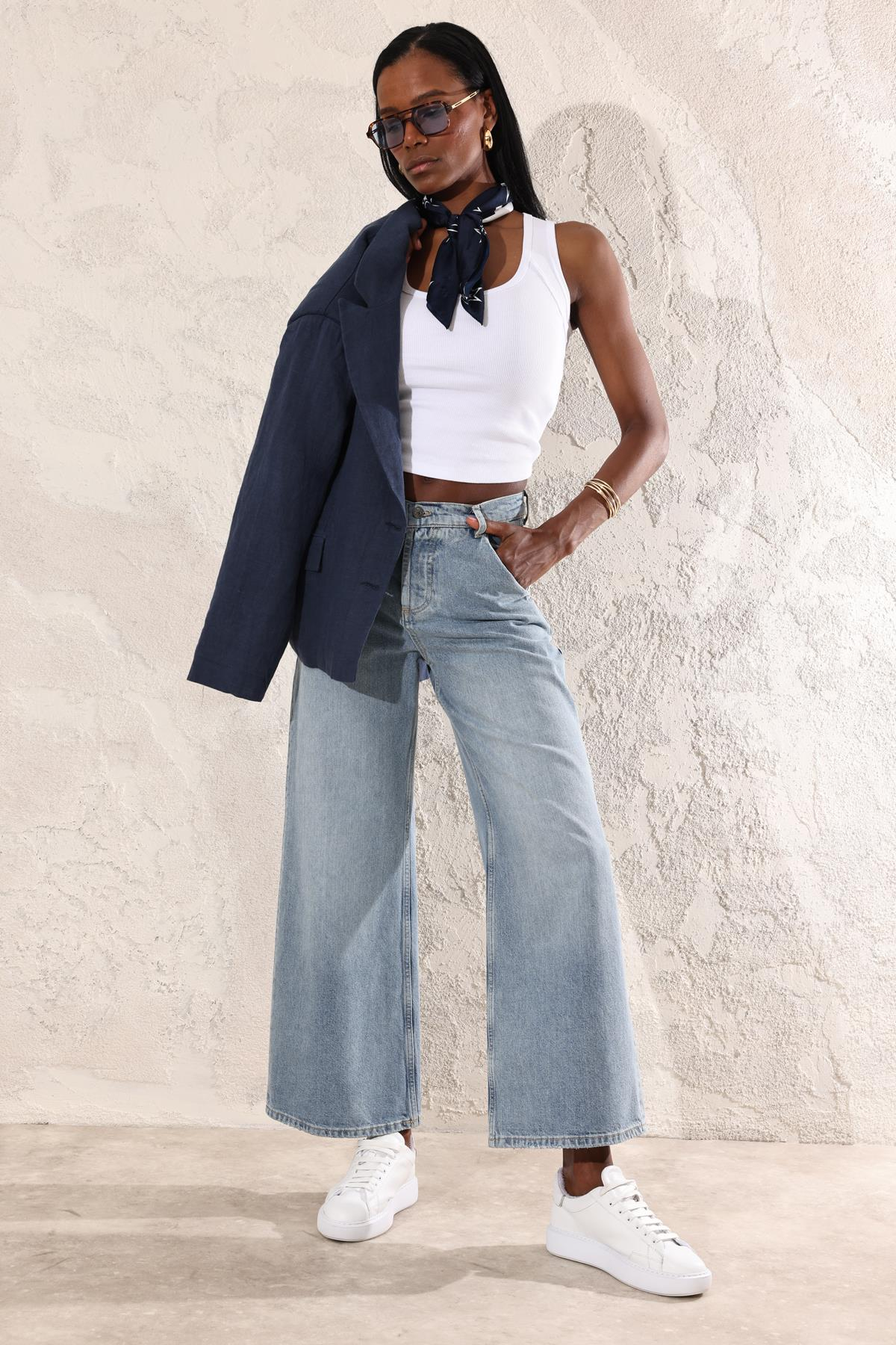 Mavi Yüksek Bel Wide Leg Jean 