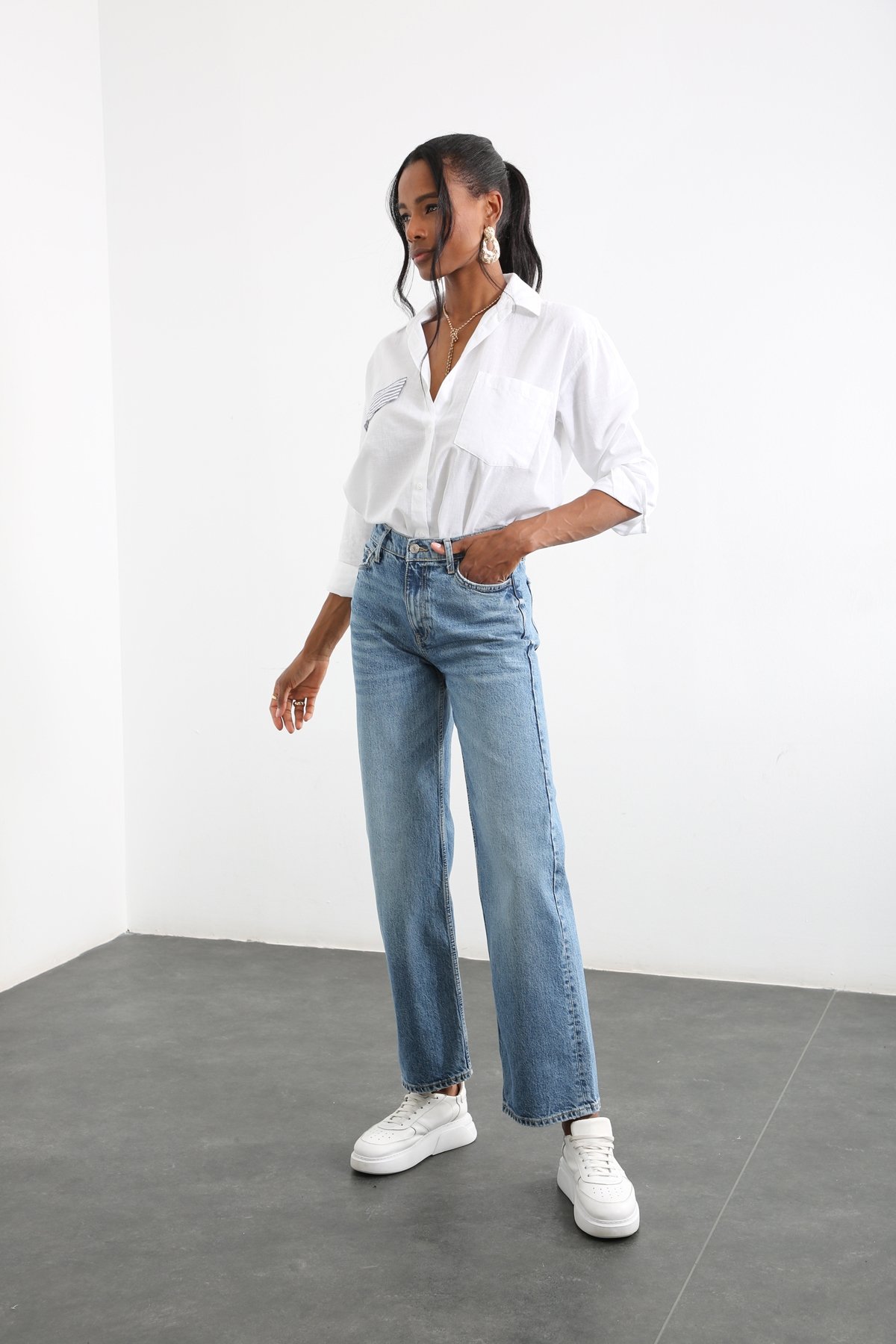 Mavi Yüksek Bel Wide Leg Jean 
