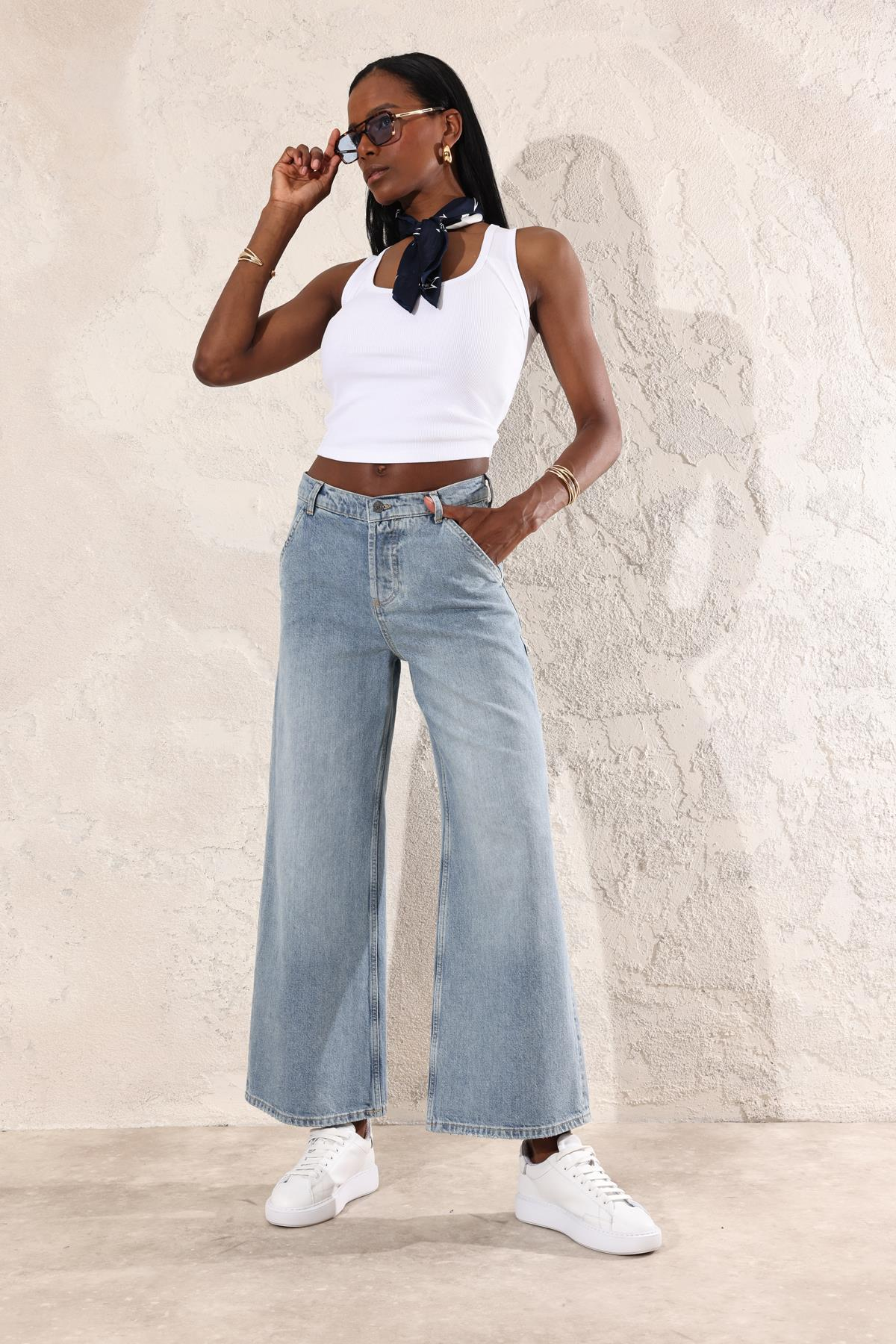 Mavi Yüksek Bel Wide Leg Jean 