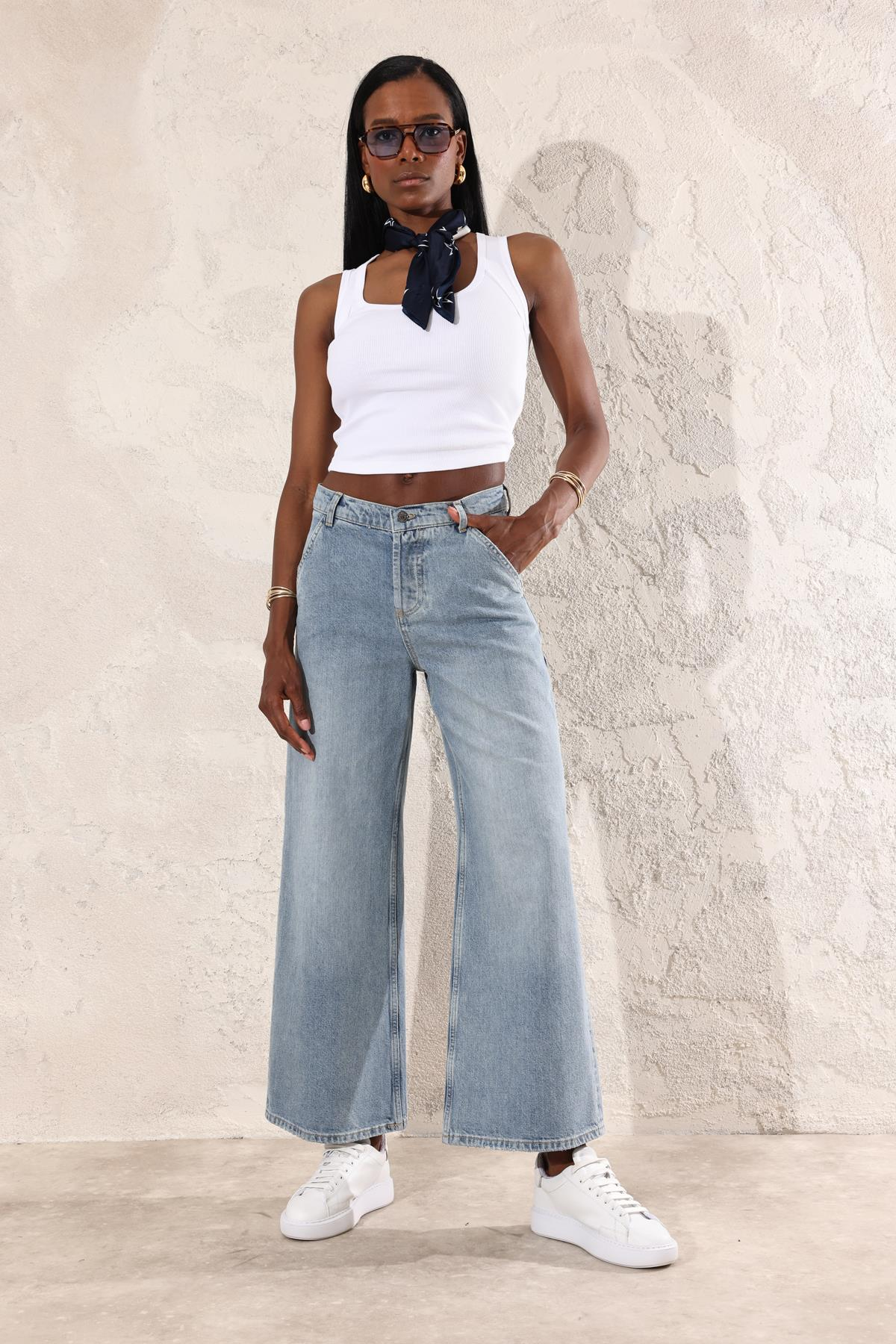 Mavi Yüksek Bel Wide Leg Jean 