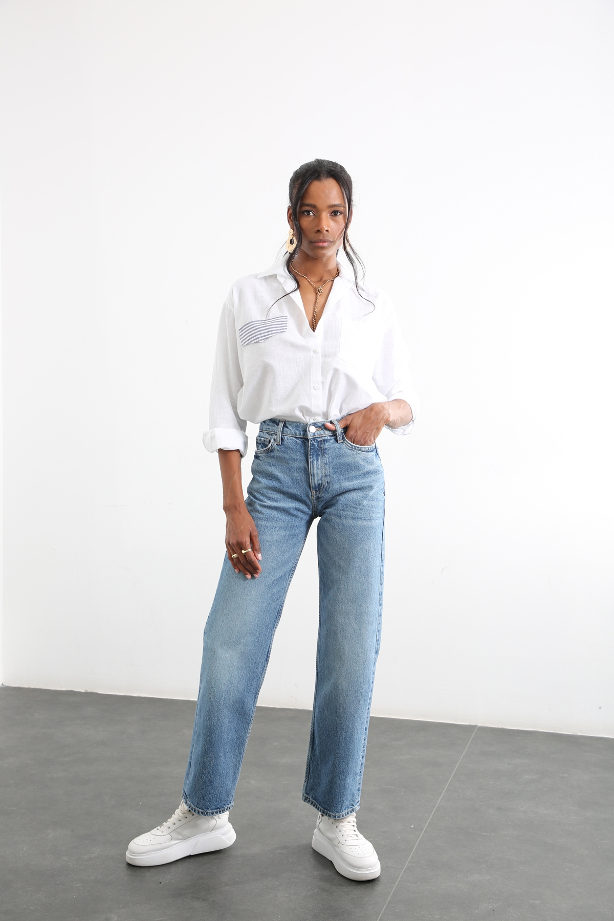 Mavi Yüksek Bel Wide Leg Jean 