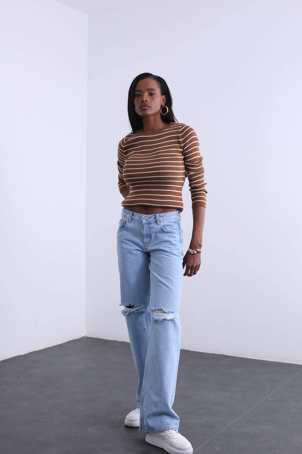 Mavi Yüksek Bel Yırtıklı Wide Leg Jean 81