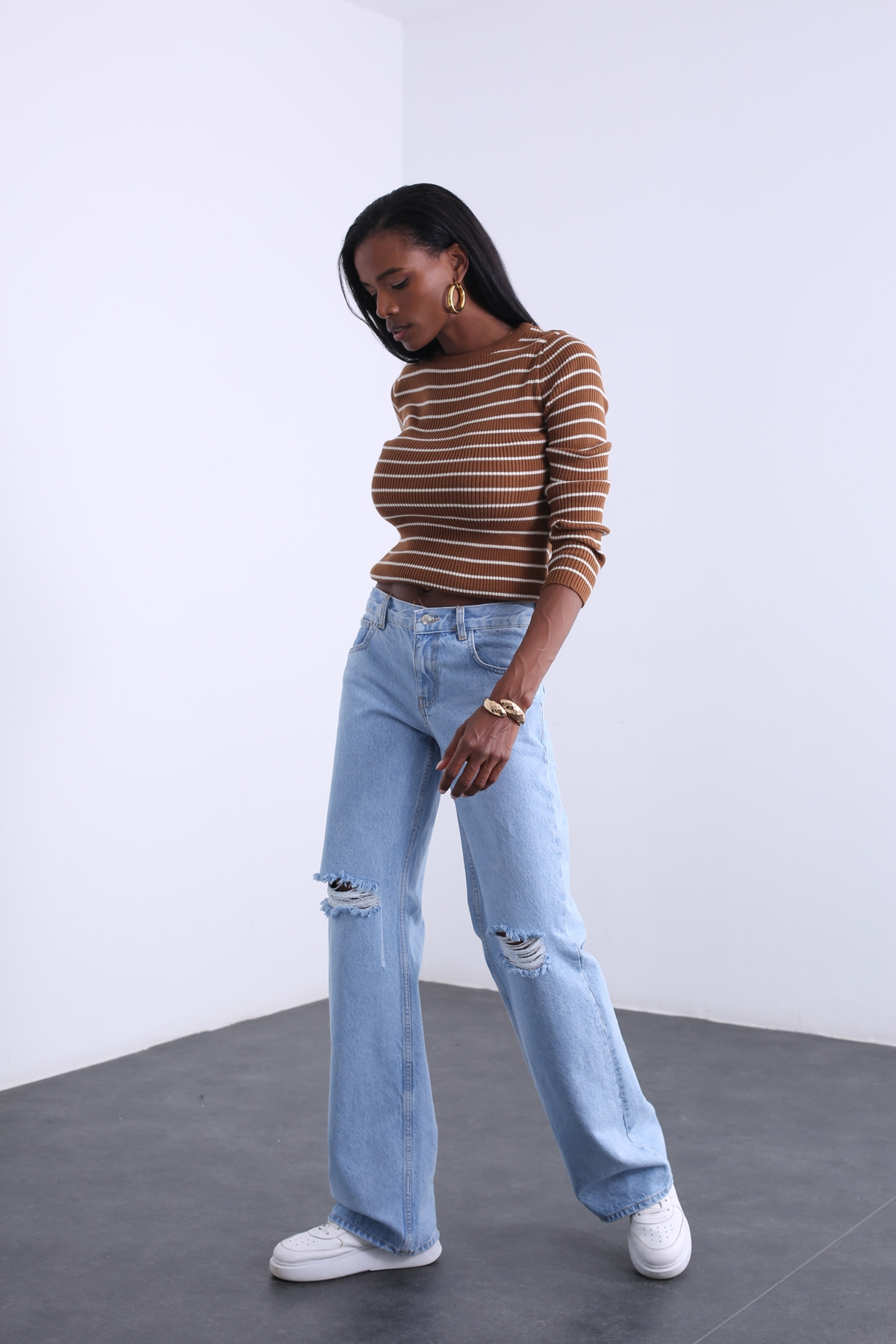 Mavi Yüksek Bel Yırtıklı Wide Leg Jean 81