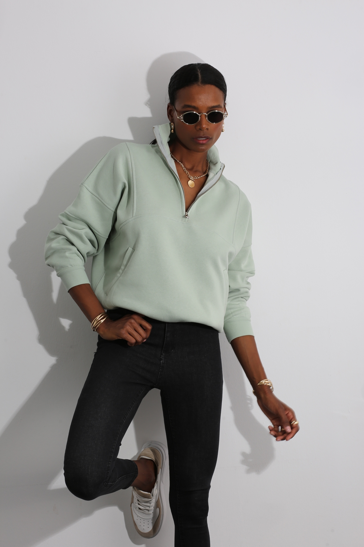 Mint Yarım Fermuarlı Sweatshirt 