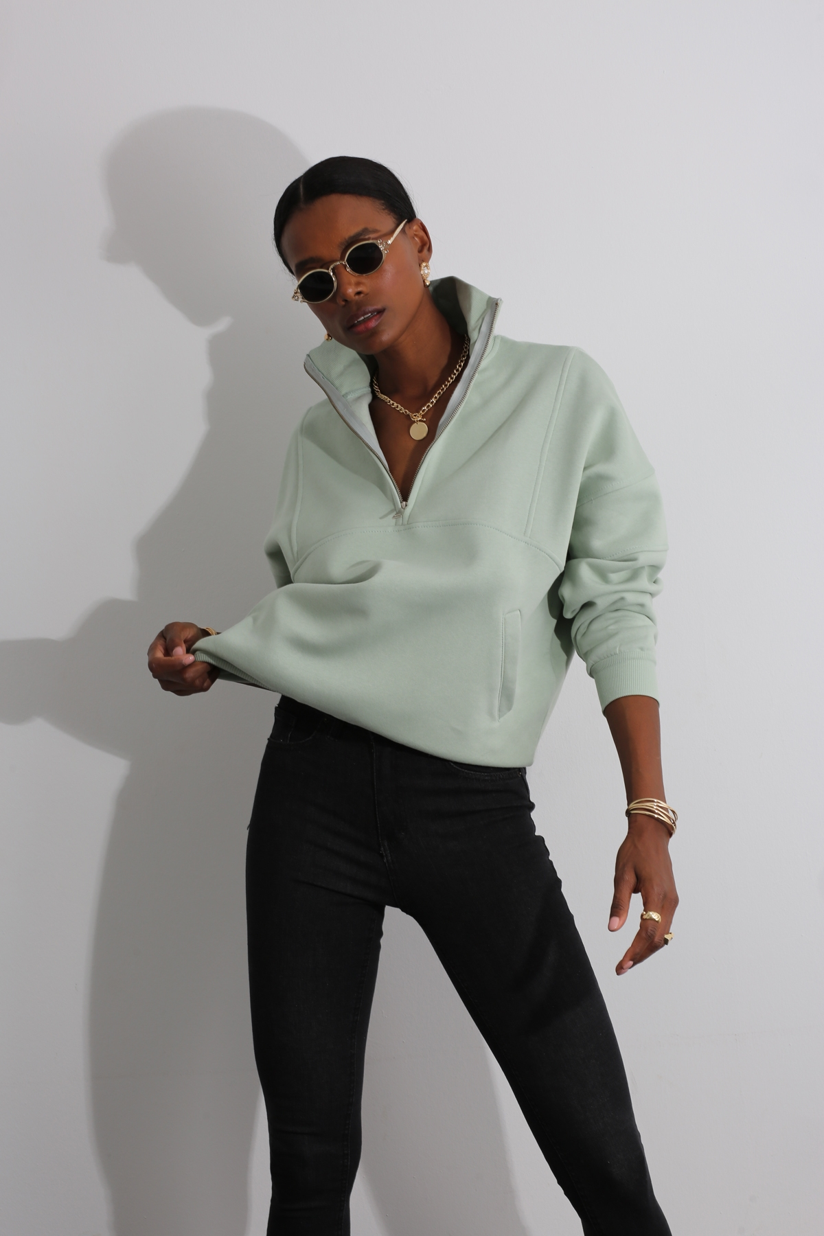 Mint Yarım Fermuarlı Sweatshirt 