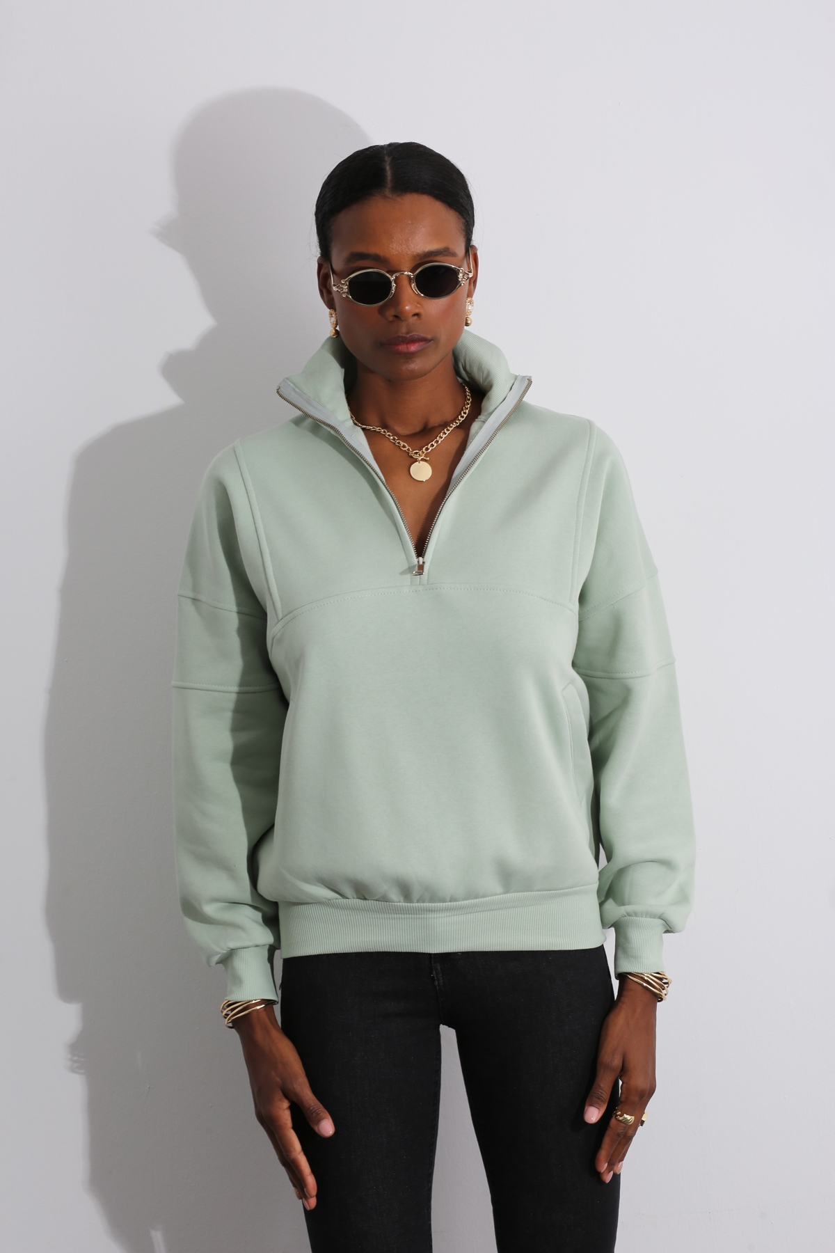 Mint Yarım Fermuarlı Sweatshirt 