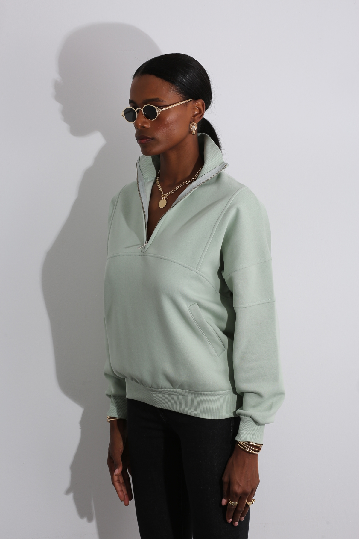 Mint Yarım Fermuarlı Sweatshirt 