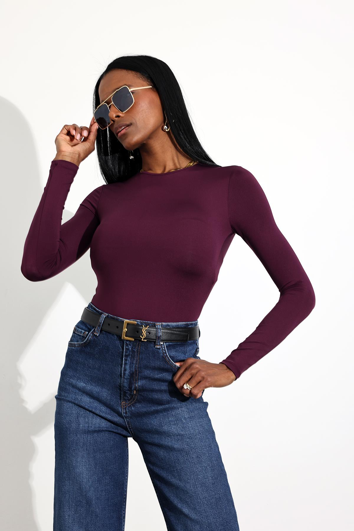 Mor Uzun Kollu Bodysuit 