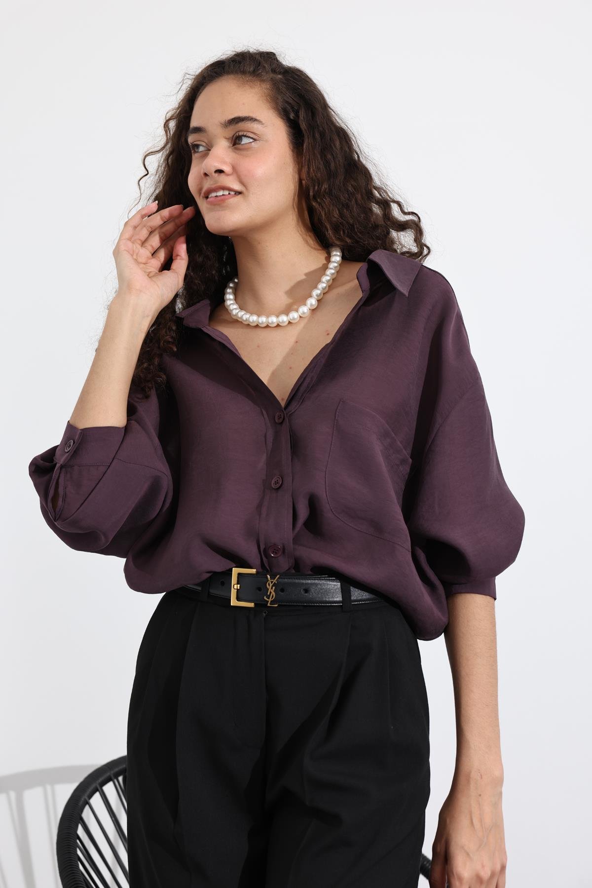 Mürdüm Tek Cepli Oversize Gömlek 4612