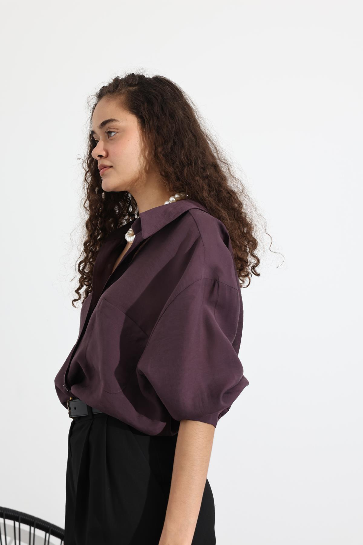 Mürdüm Tek Cepli Oversize Gömlek 4612