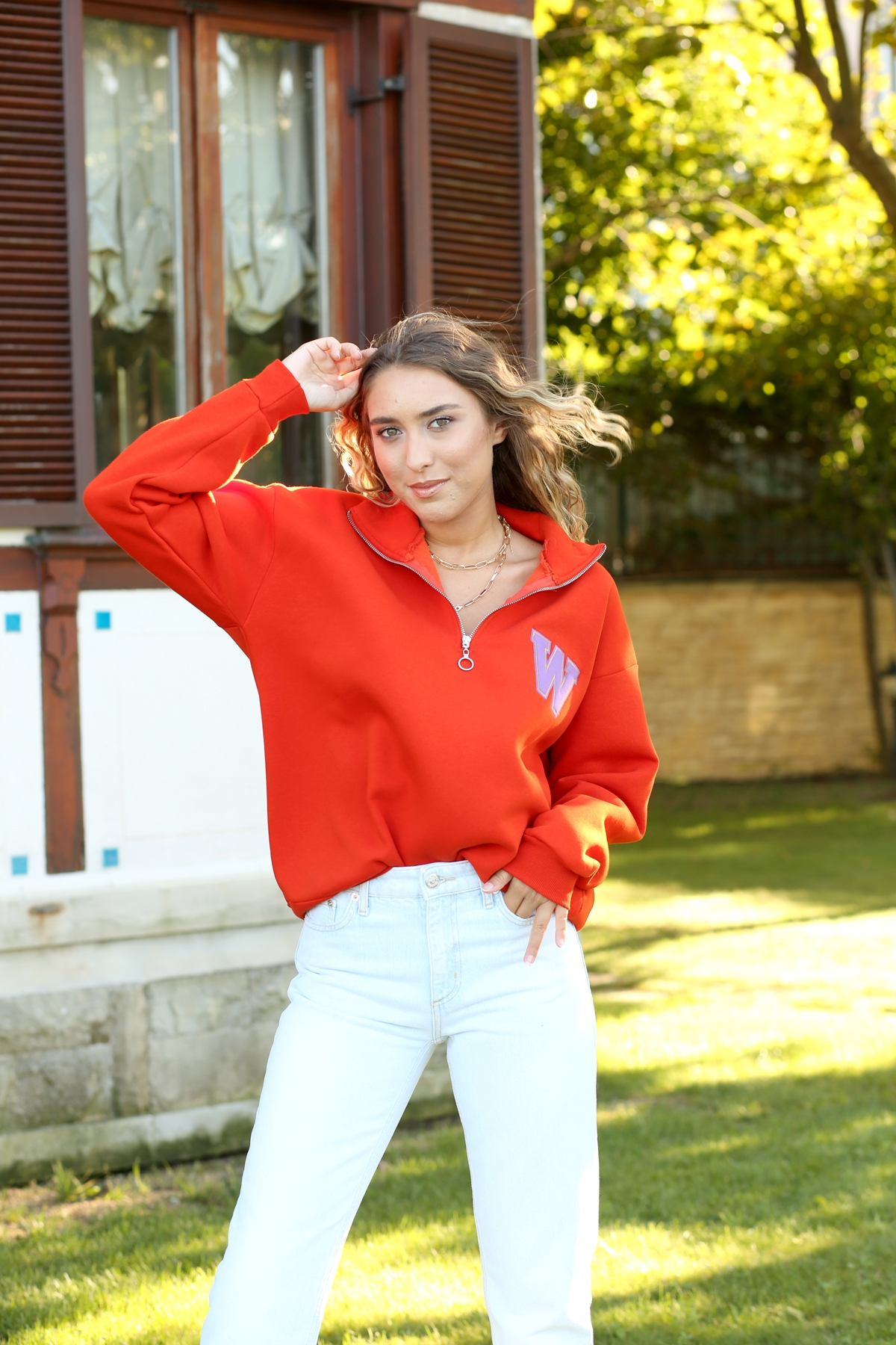 Nar Çiçeği Dik Yaka Fermuarlı Sweatshirt 570