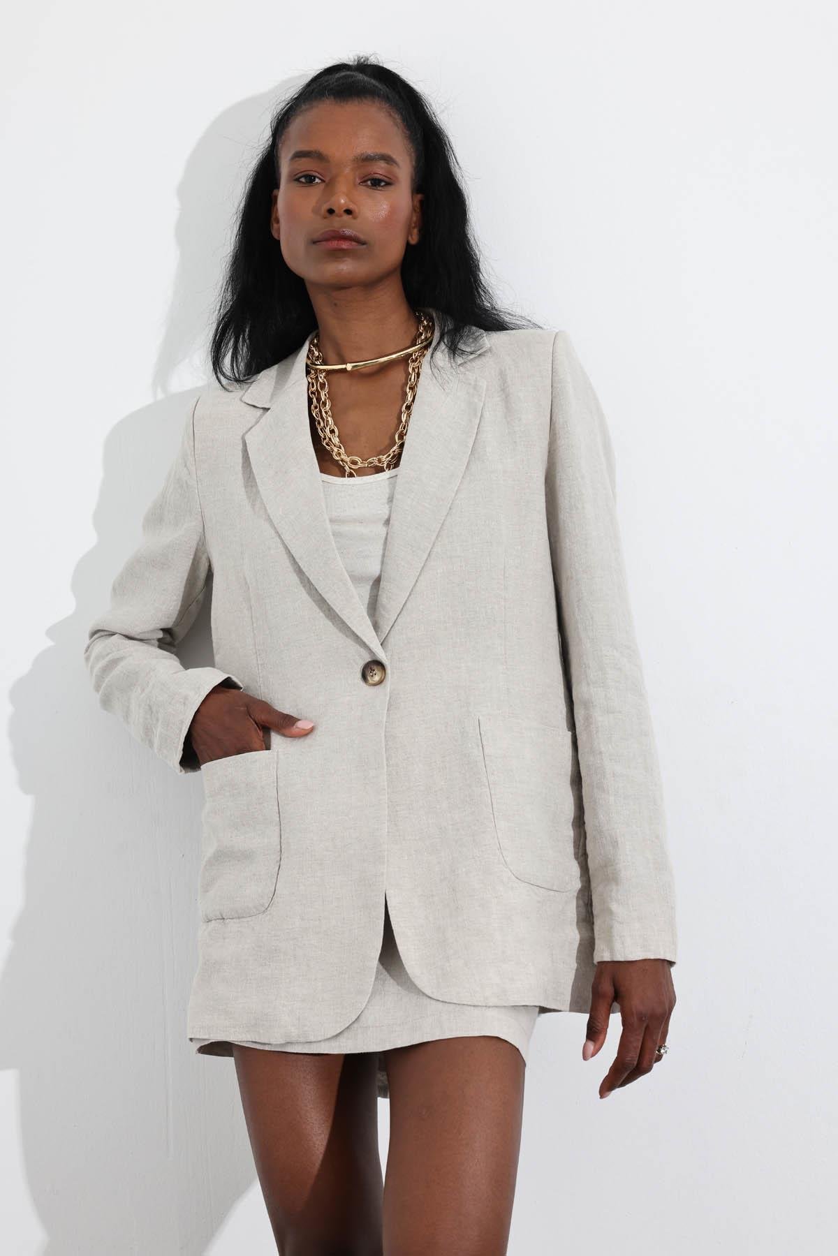 Naturel %100 Ham Keten Ceket 