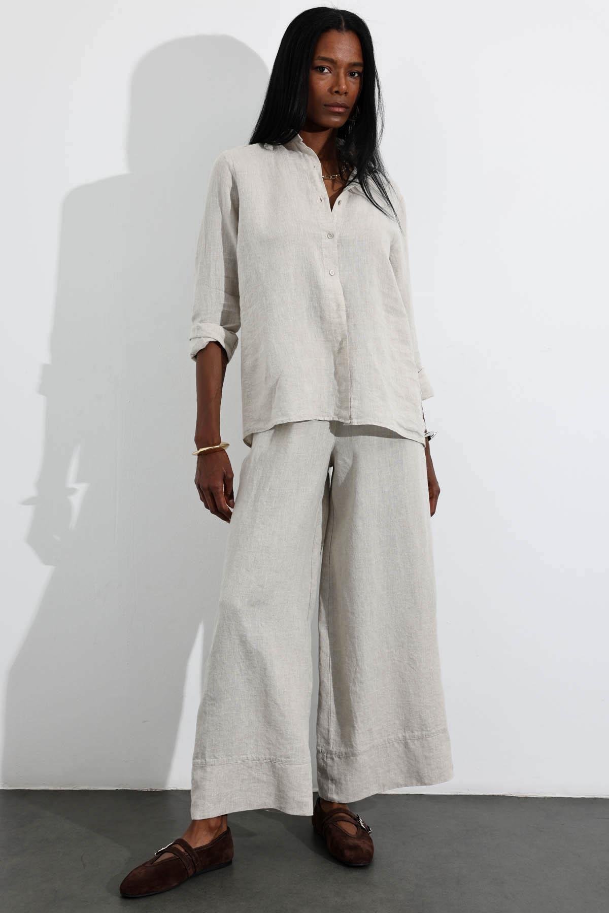 Naturel %100 Keten Beli Lastikli Pantolon 