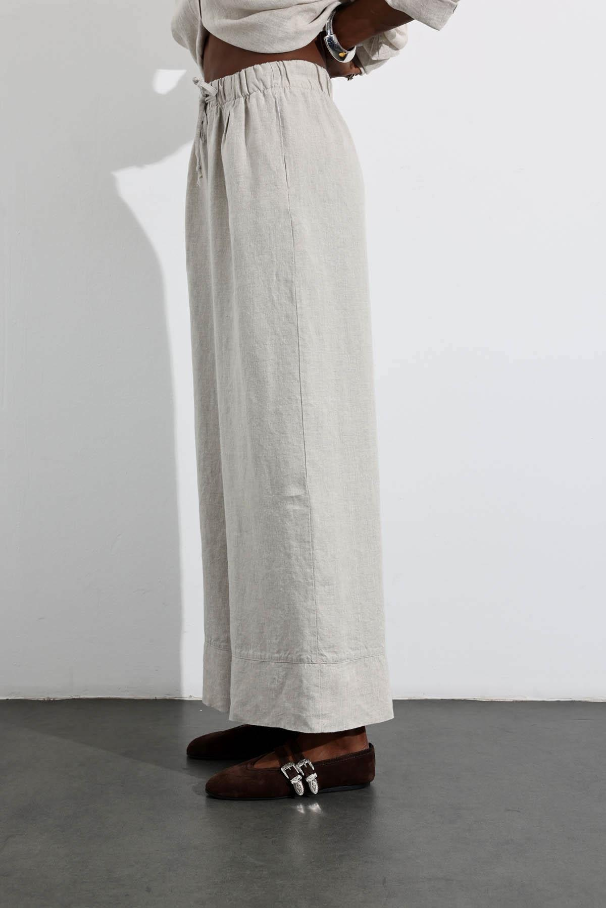 Naturel %100 Keten Beli Lastikli Pantolon 