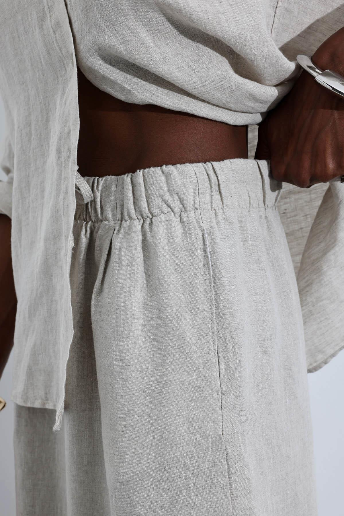 Naturel %100 Keten Beli Lastikli Pantolon 