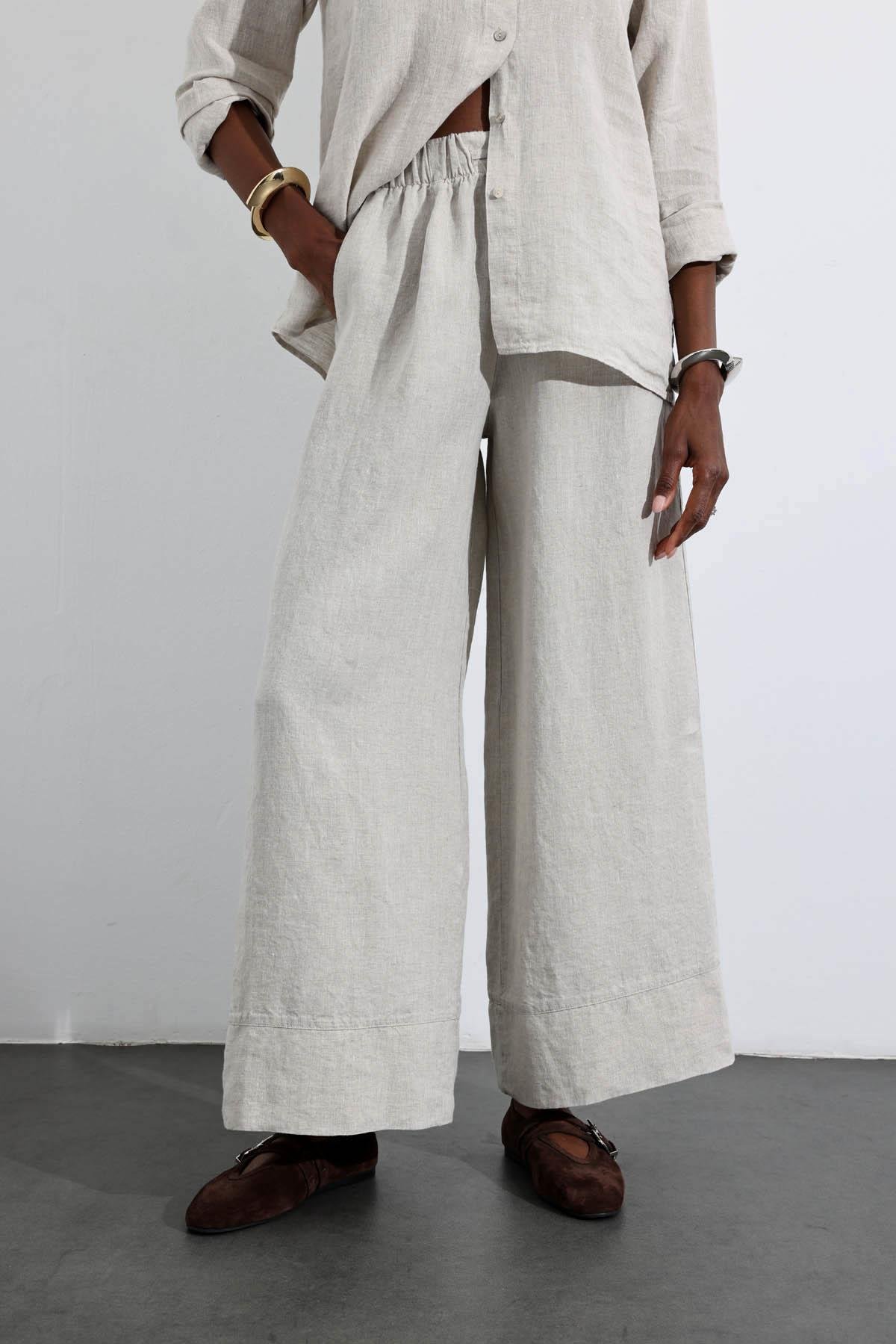 Naturel %100 Keten Beli Lastikli Pantolon 