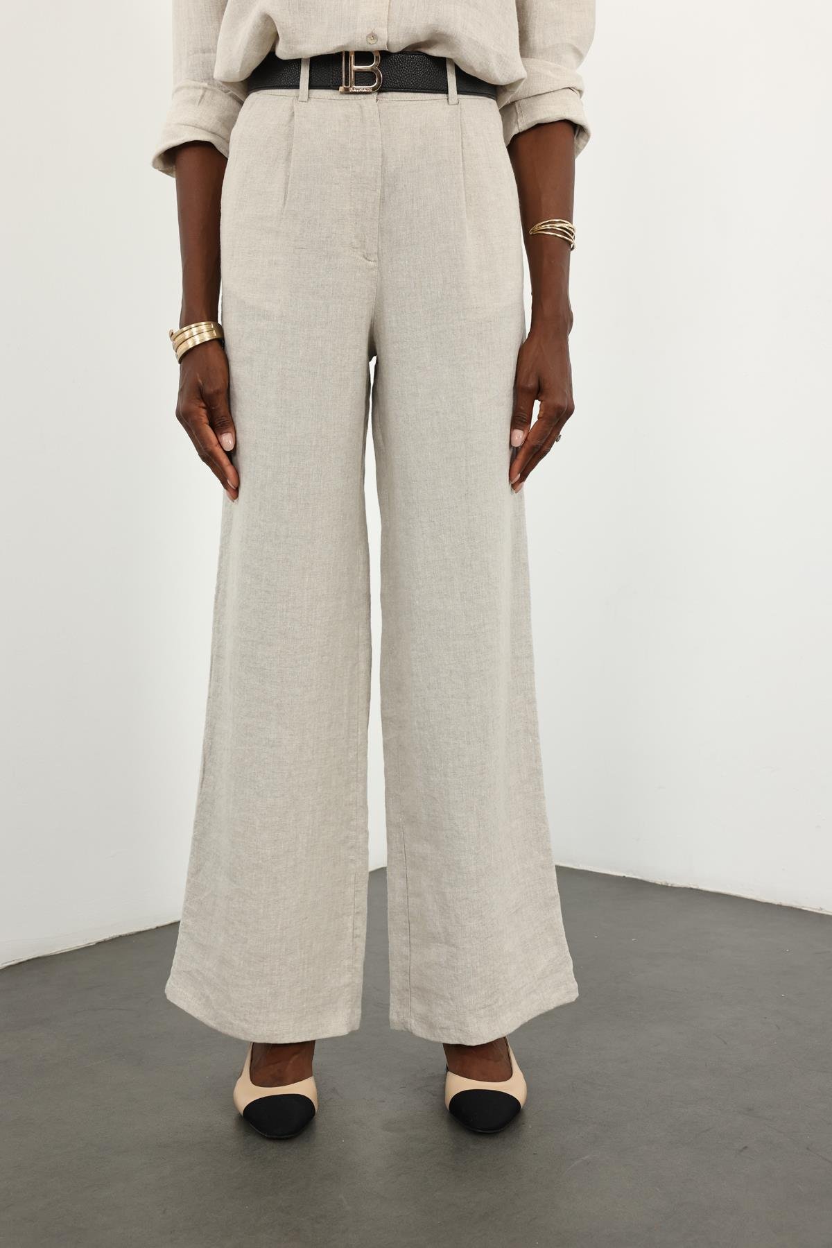 Naturel %100 Keten Palazzo Pantolon 