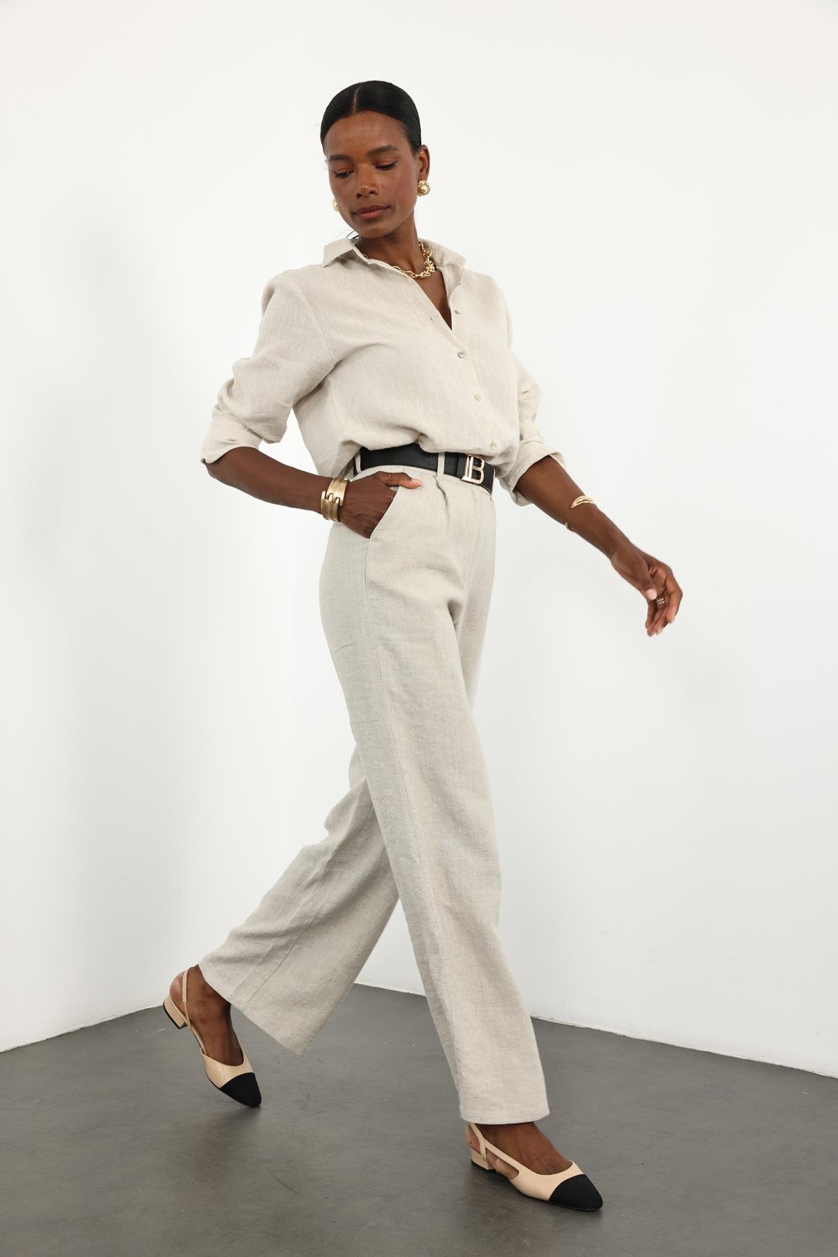 Naturel %100 Keten Palazzo Pantolon 