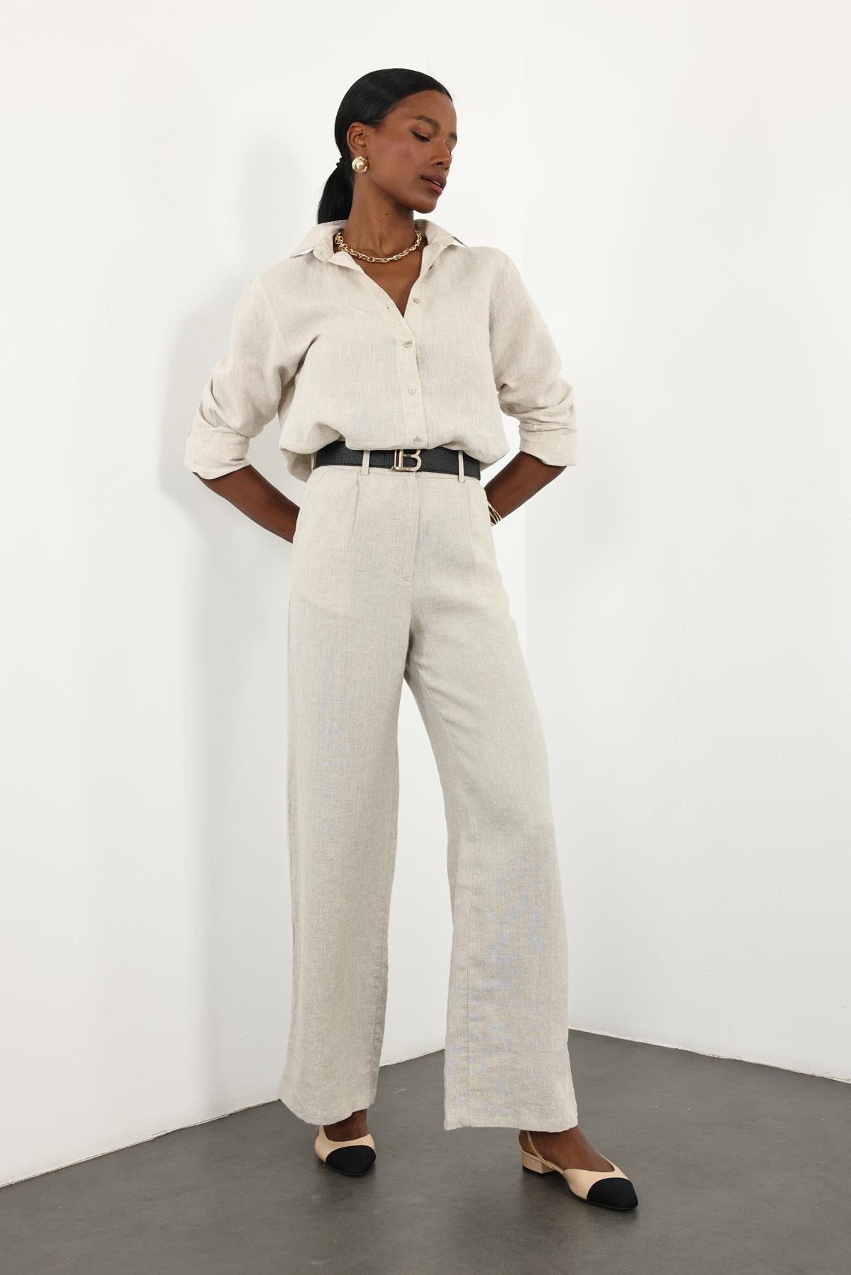 Naturel %100 Keten Palazzo Pantolon 