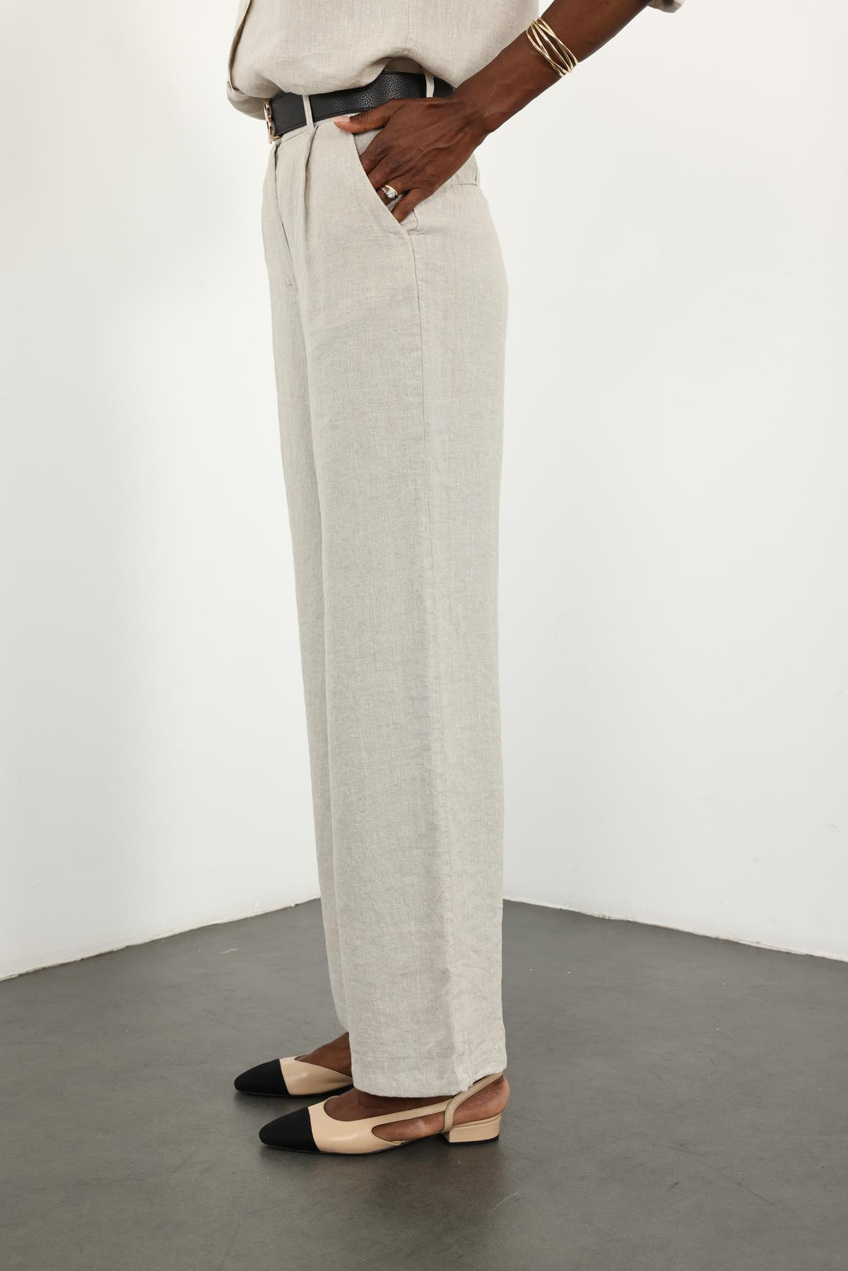 Naturel %100 Keten Palazzo Pantolon 