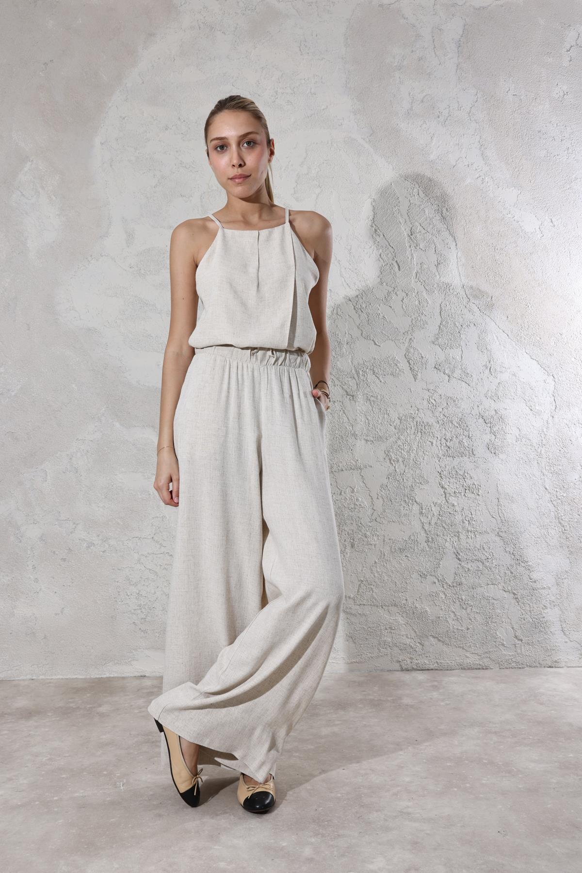 Naturel İnce Askılı Bluz Pantolon Takım 7151