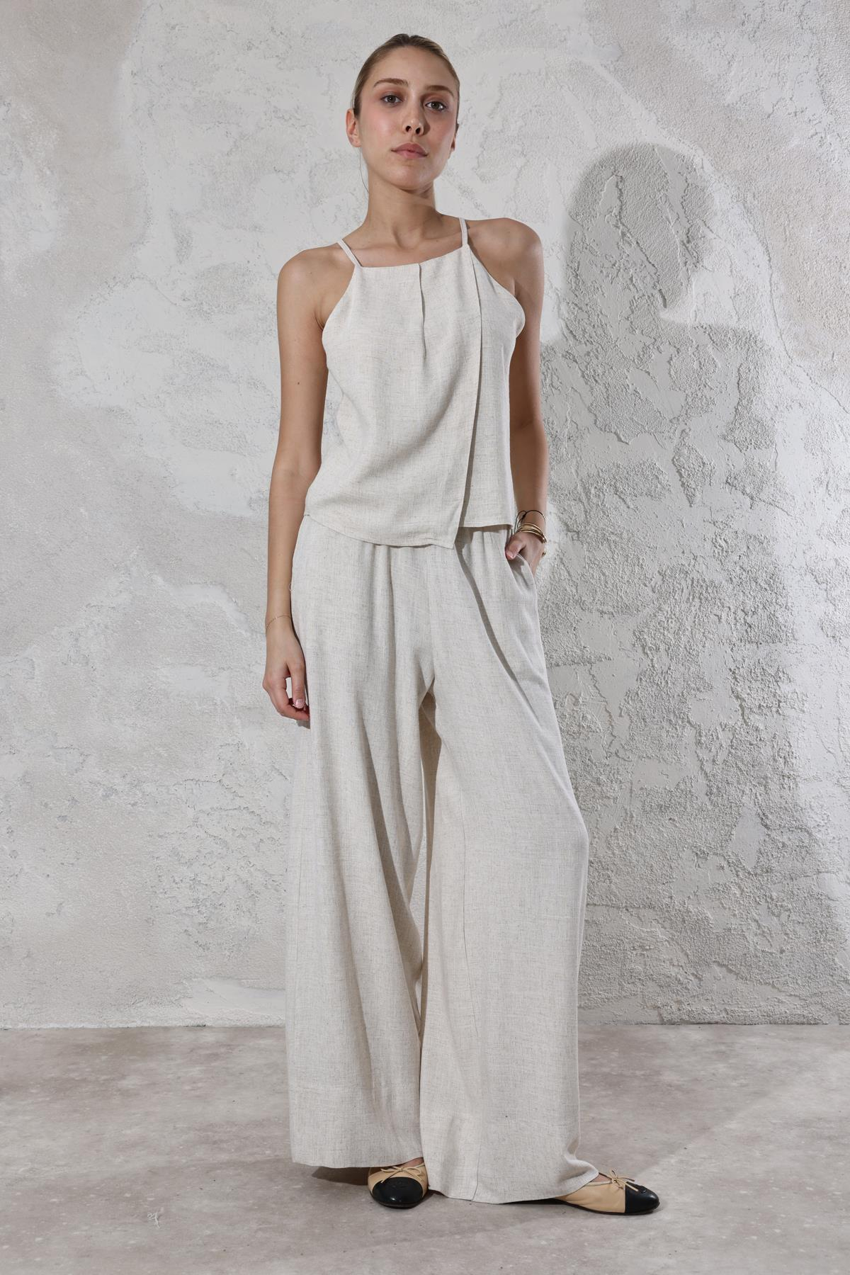 Naturel İnce Askılı Bluz Pantolon Takım 7151