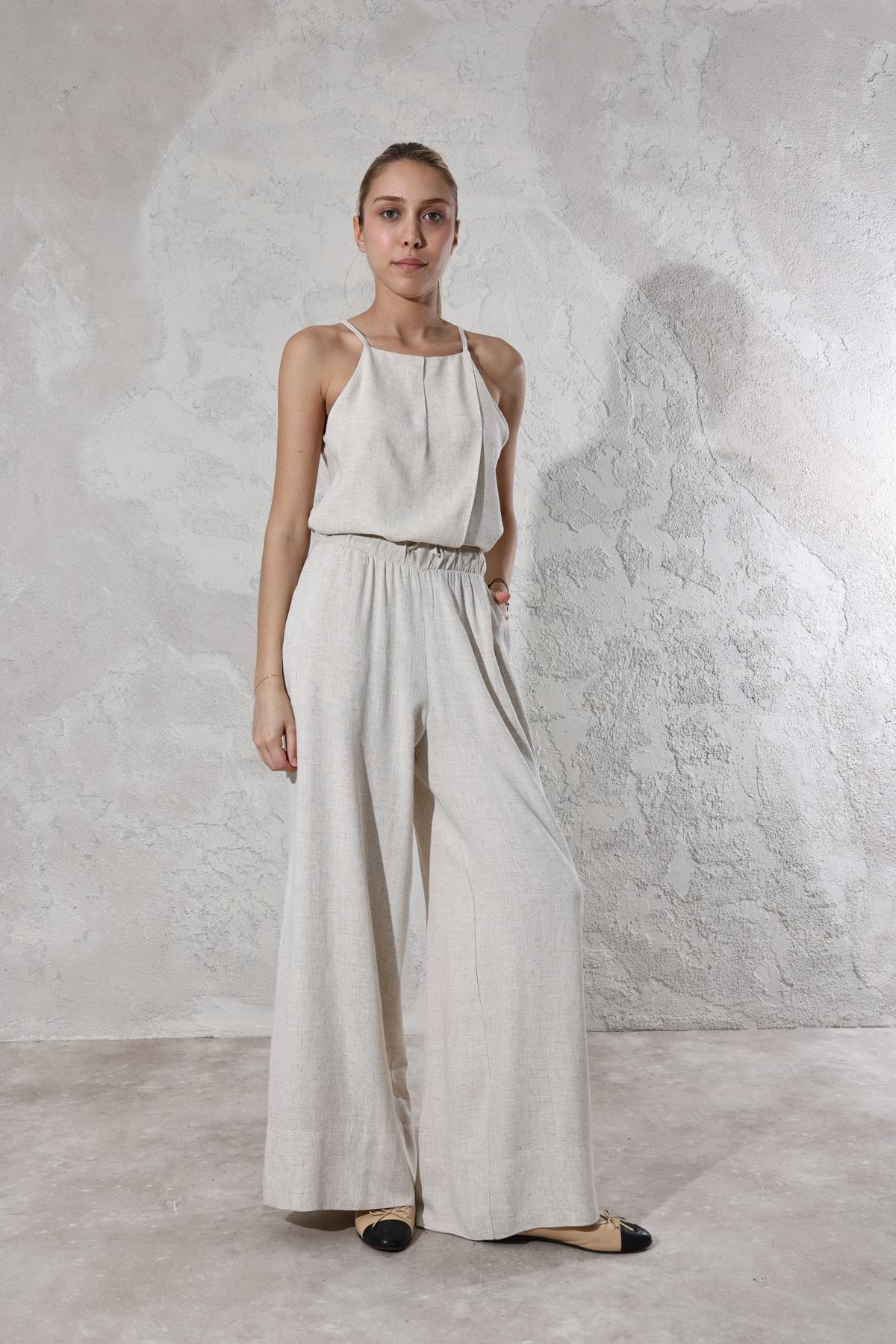 Naturel İnce Askılı Bluz Pantolon Takım 7151