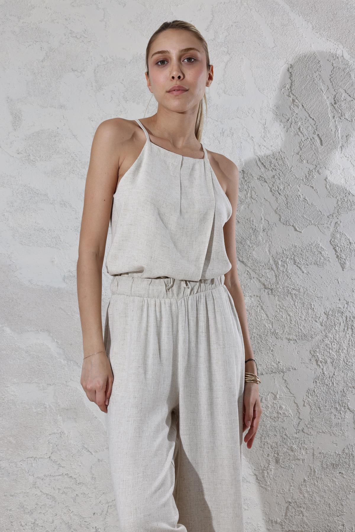 Naturel İnce Askılı Bluz Pantolon Takım 7151